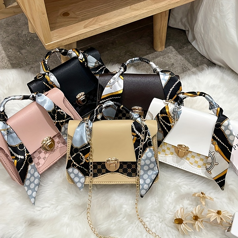 Girls Fashion Mini Square Bag Handbag With Silk-like Scarf Handle