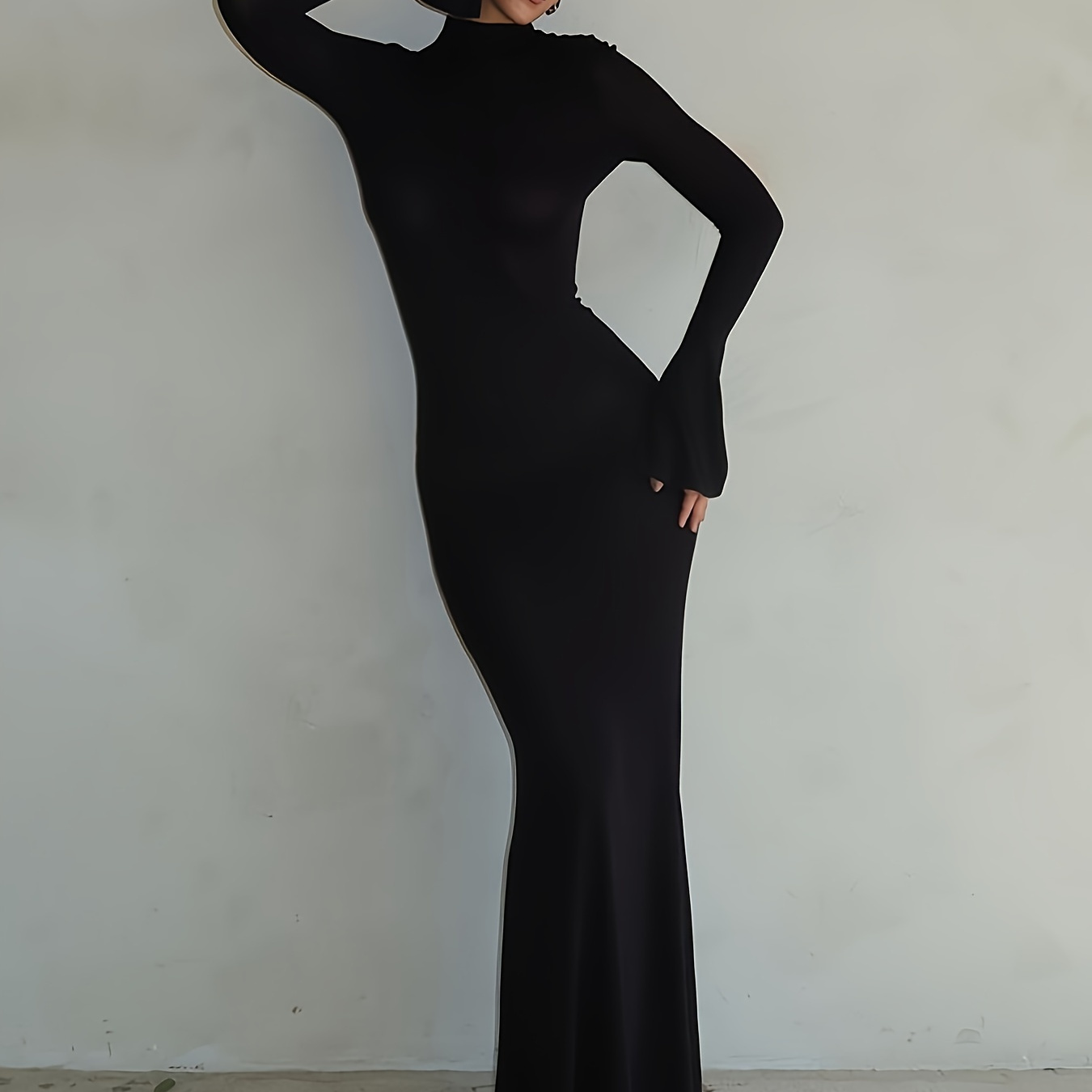 

Backless Flared Sleeve Dress, Club Wear Solid Bodycon Maxi Dress, Women's Clothing