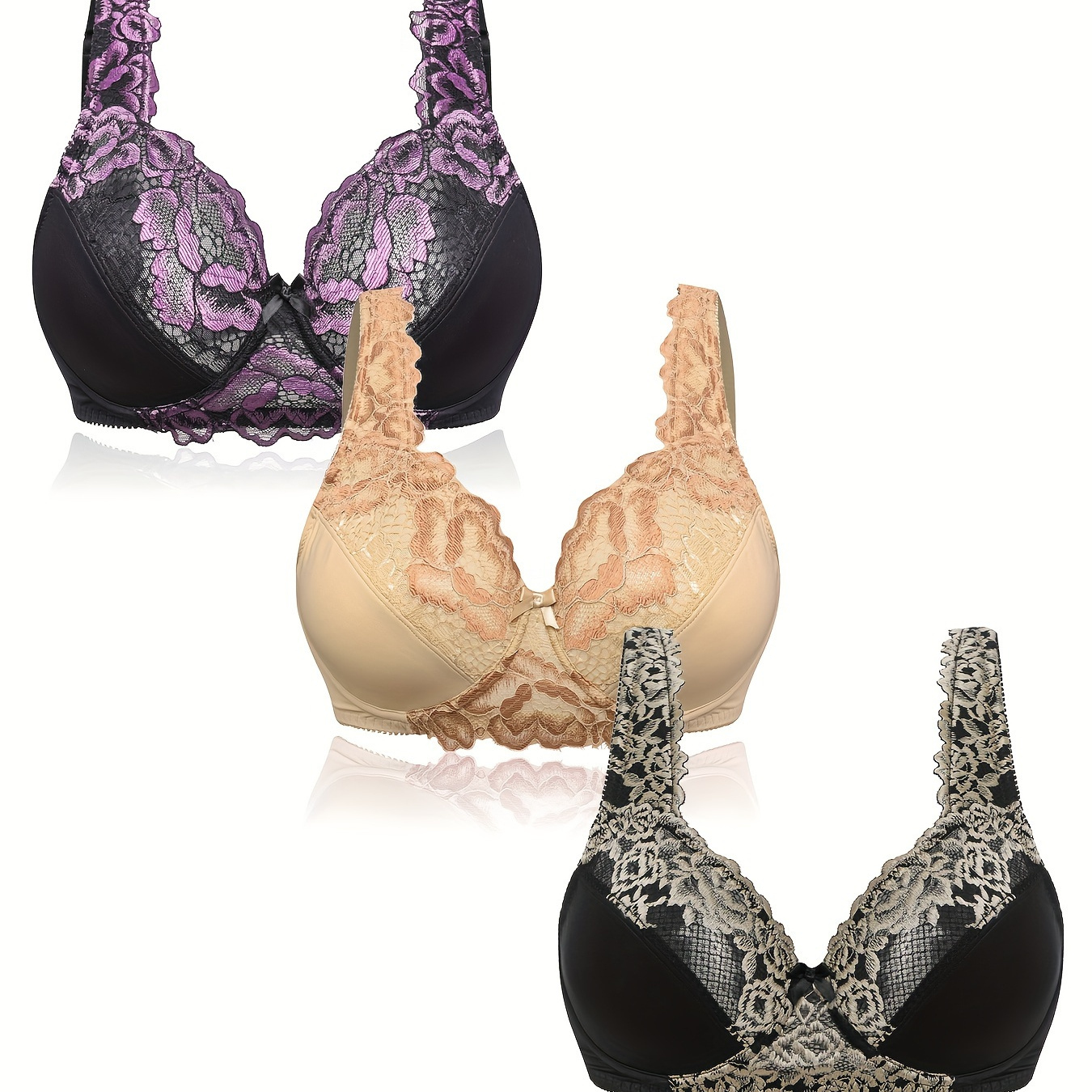 3 Pack Plus Size Sexy Bras Set, Women's Plus Floral Lace Full Cover Wide  Straps Underwire Bras 3pcs Set