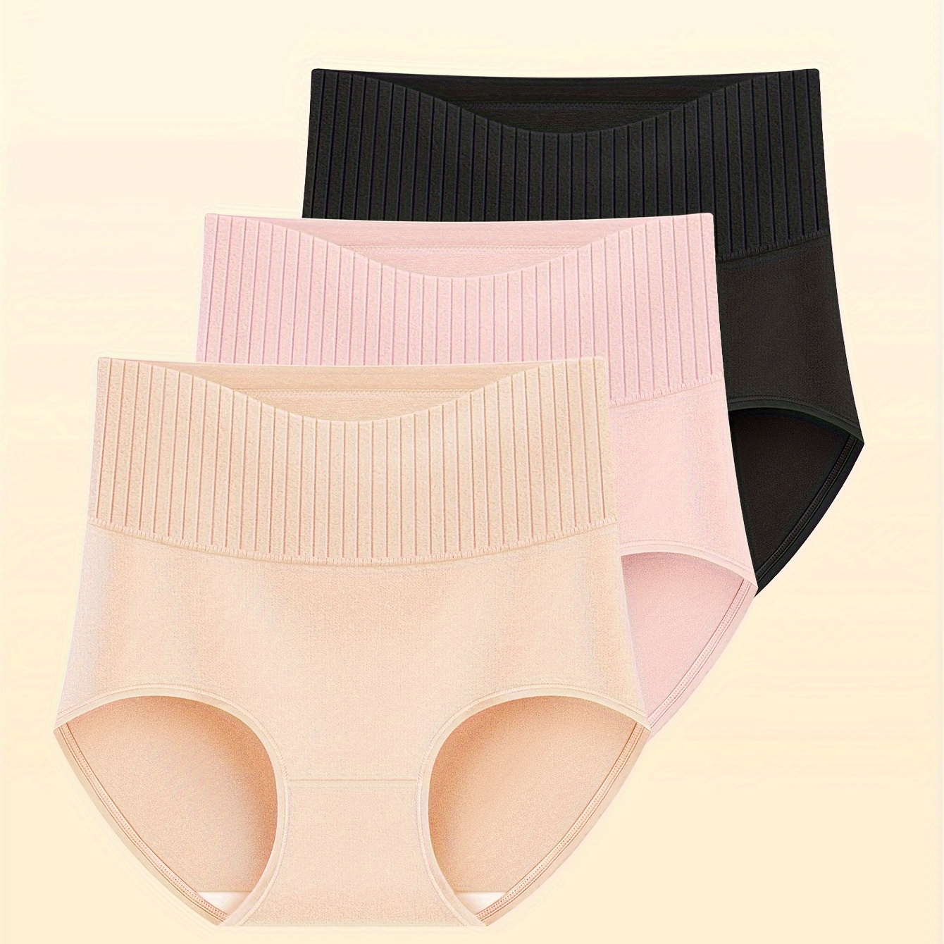 

3 Pack Plus Size Simple Panties Set, Women's Plus Comfort Solid Striped High Waisted Tummy Control Panties 3pcs Set