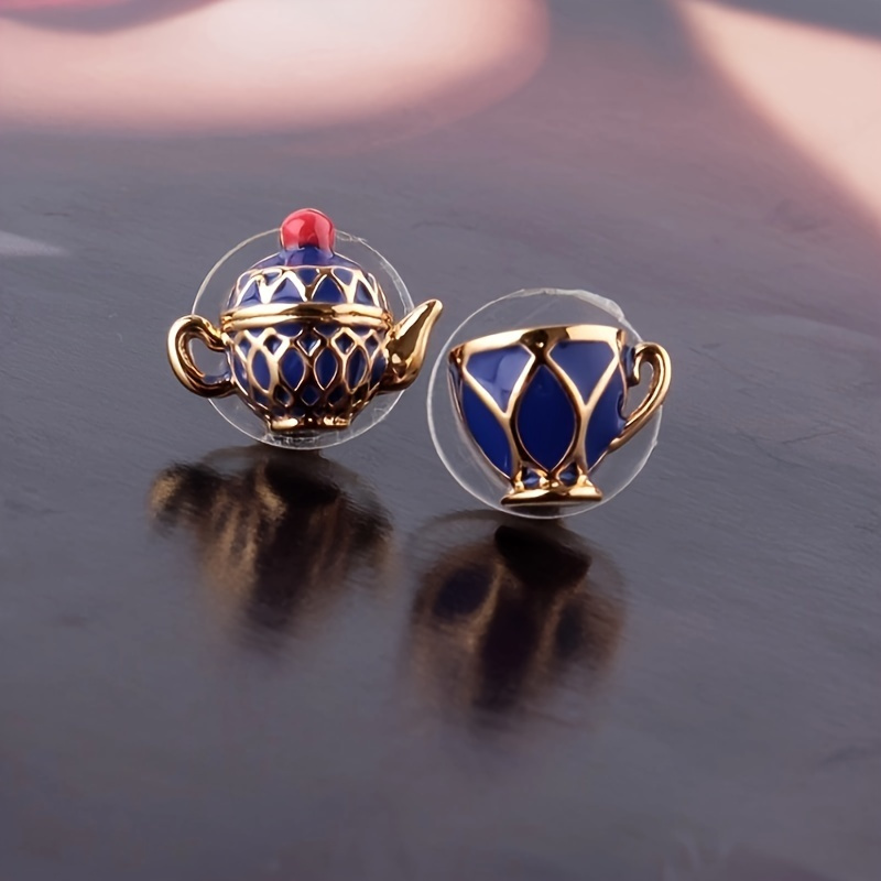

Creative Enamel Color Teapot Tea Cup Shaped Stud Earrings Alloy Plated Jewelry Vintage Elegant Style For Women Ramadan Gift