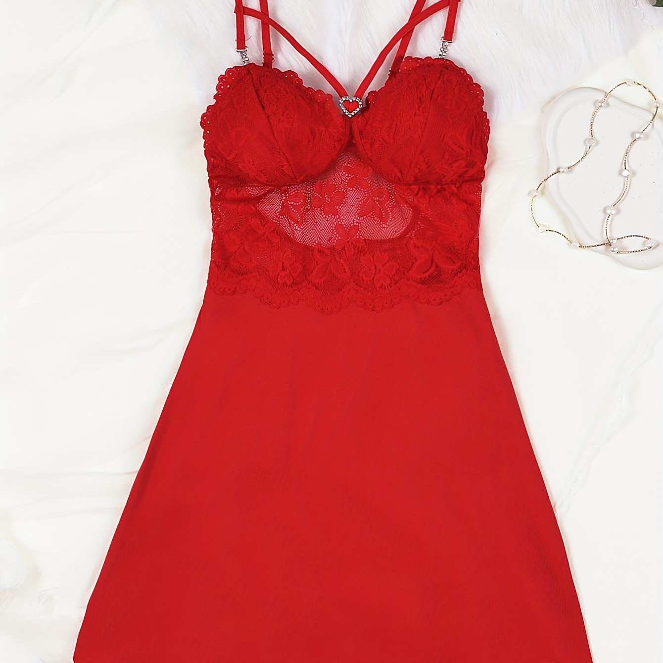 

Sexy Floral Lace Rhinestone Decor Slip Nightdress, V Neck Backless Sleep Mini Dress, Women's Sleepwear & Dresses