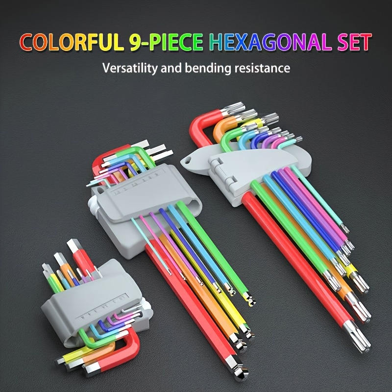 

9pcs Colorful Internal Hex Key Wrench Set, Ball-head, Star-shaped, L-shaped, And Standard For Home, Furniture, Machinery, And Automotive Repair