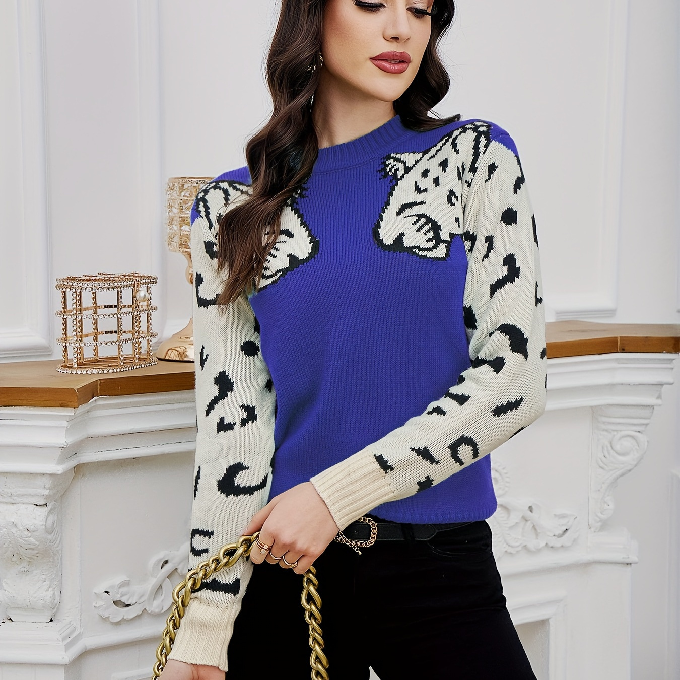 

Contrast Leopard Pattern Crew Neck Knit Top, Casual Long Sleeve Pullover Sweater For Fall & Winter, Women's Clothing