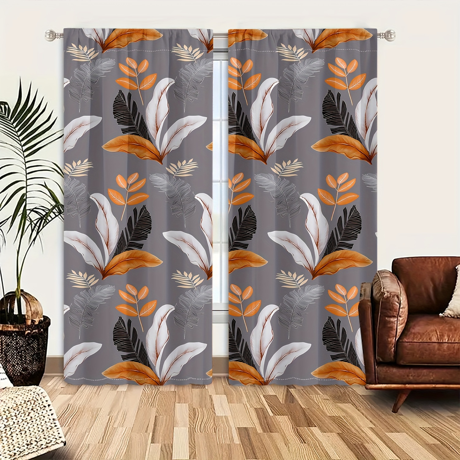 

2pcs, Vintage Large Leaf Plants Flower Digital Printed Living Room Curtains, Rod Pocket Curtains Dining Room Home Decoration