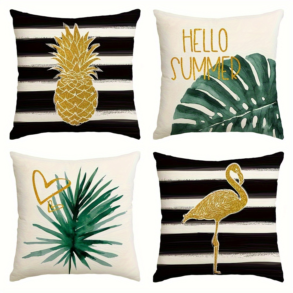 

4pcs, Linen Blend Black And White Striped Pineapple Crane Leaf Summer Throw Pillow Cover