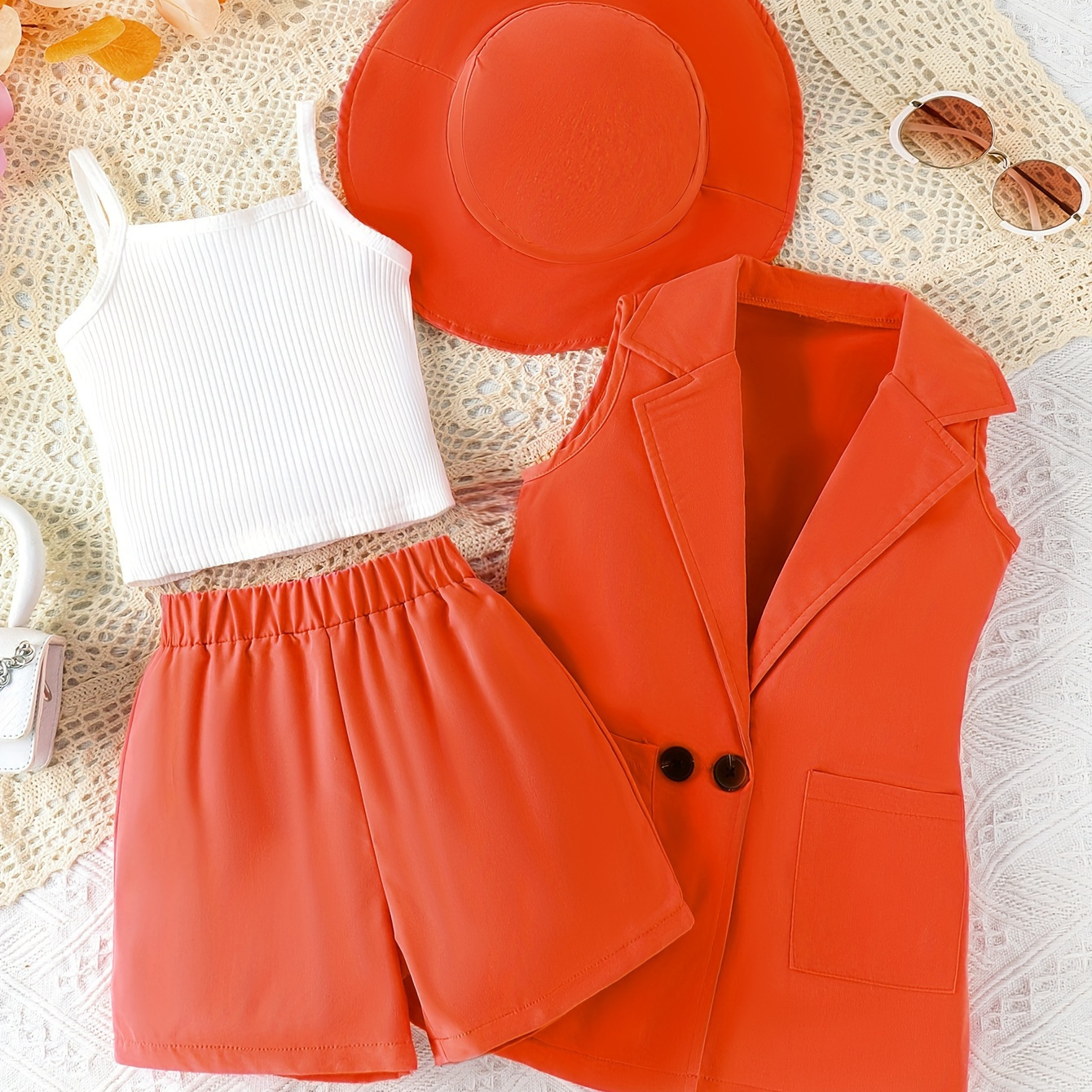 

Girls 4pcs Dress Clothes, Solid Style Camisole Top + Shorts + Sleeveless Lapel Vest + Hat Set