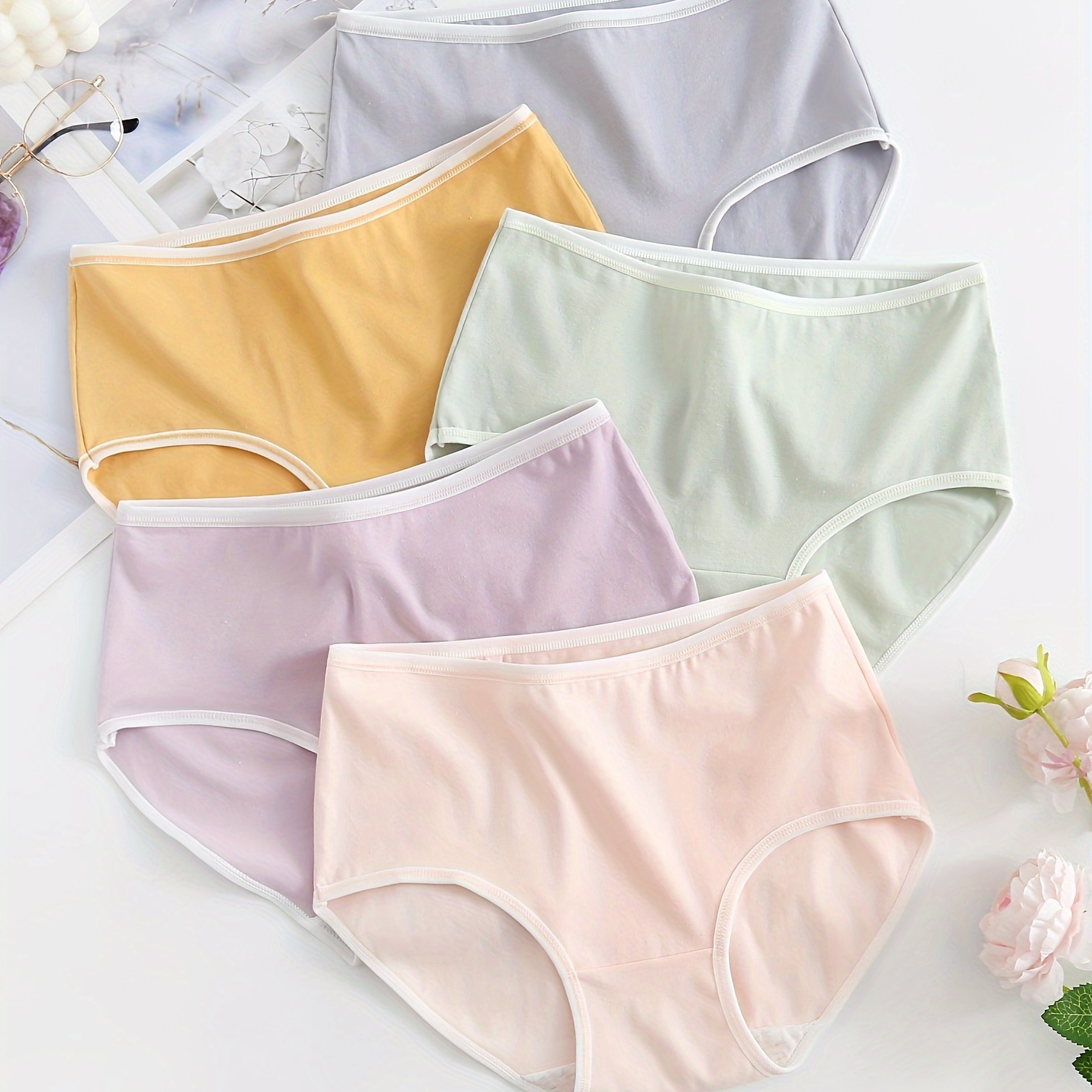 

5 Pcs Simple Cotton Panties, Comfy & Breathable Mid-rise Stretch Briefs Panties, Women's Lingerie & Underwear