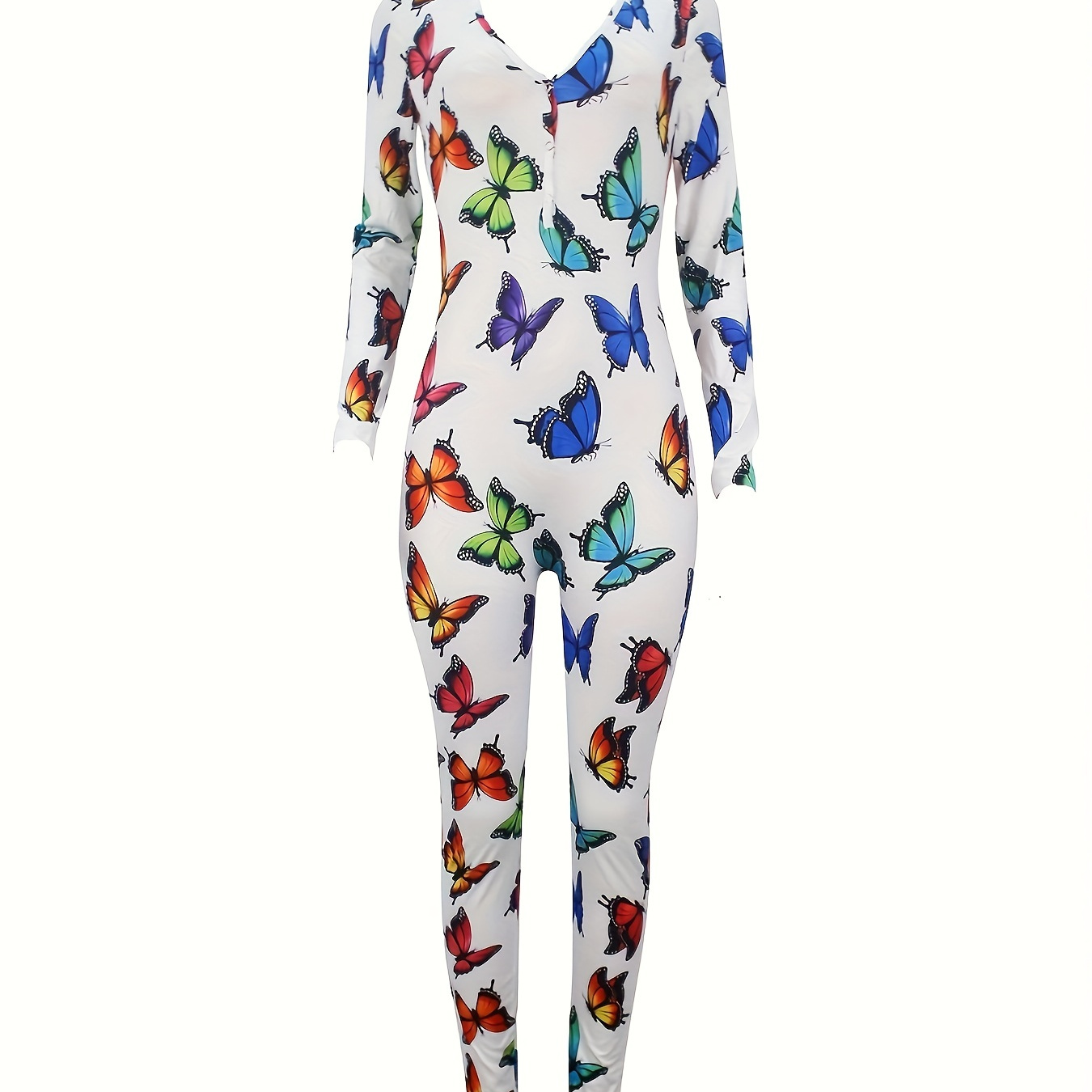 

Butterfly Print Lounge Jumpsuit, Casual V Neck Long Sleeve Buttons Jumpsuit, Women's Loungewear & Sleepwear