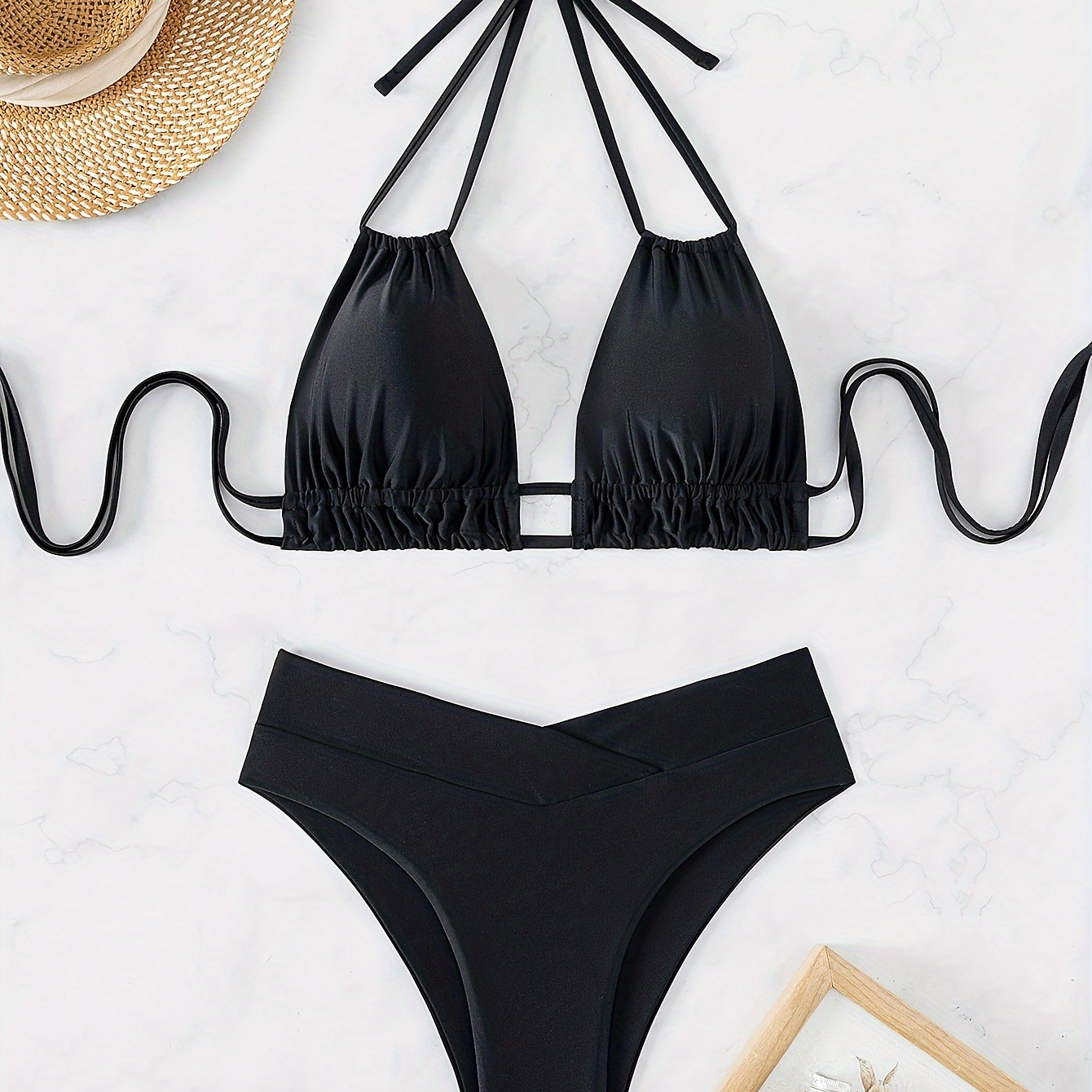 

Black Halter Tie Neck 2 Piece Set Bikini, Crossover High Waist V Neck Solid Color Stretchy Swimsuit For Beach Pool Bathing, Women's Swimwear & Clothing