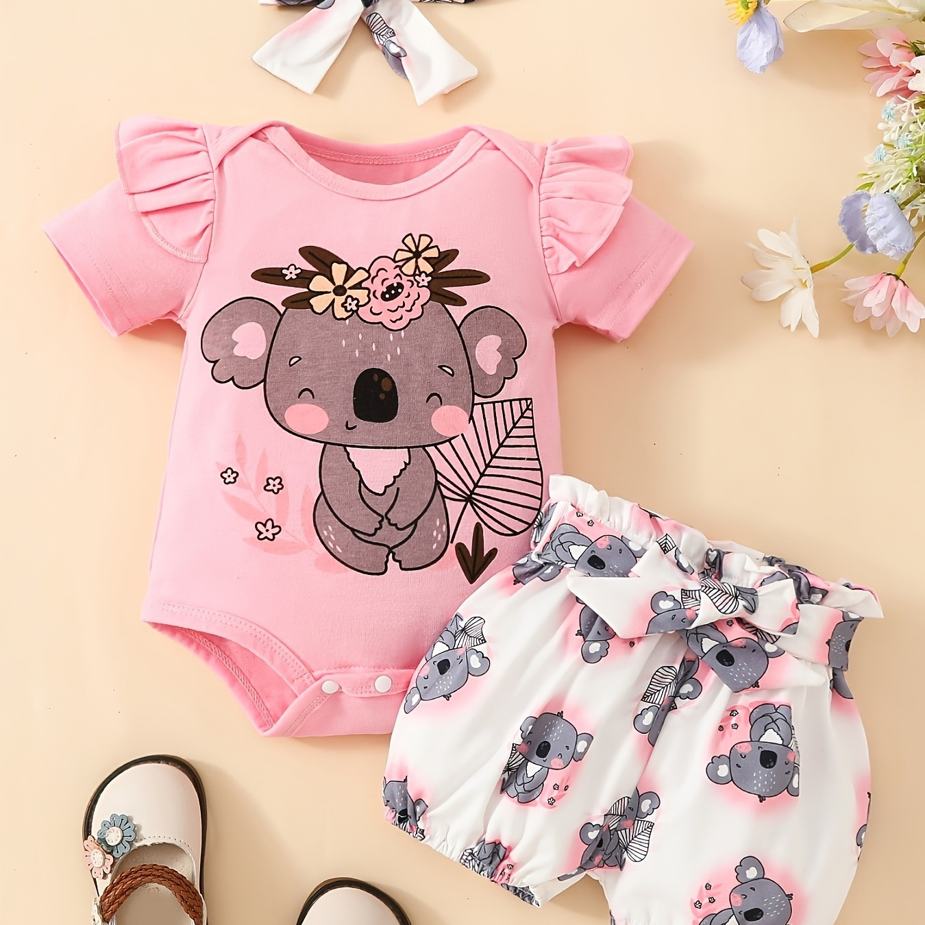 

Cute Baby Girls Cartoon Koala Print Ruffle Short Sleeve Triangle Romper Climbing Suit + Shorts With Headband Set, Summer Baby Girl Short Sleeve Top Shorts Comfy Wear Clothes, Best Cute Gift For Baby