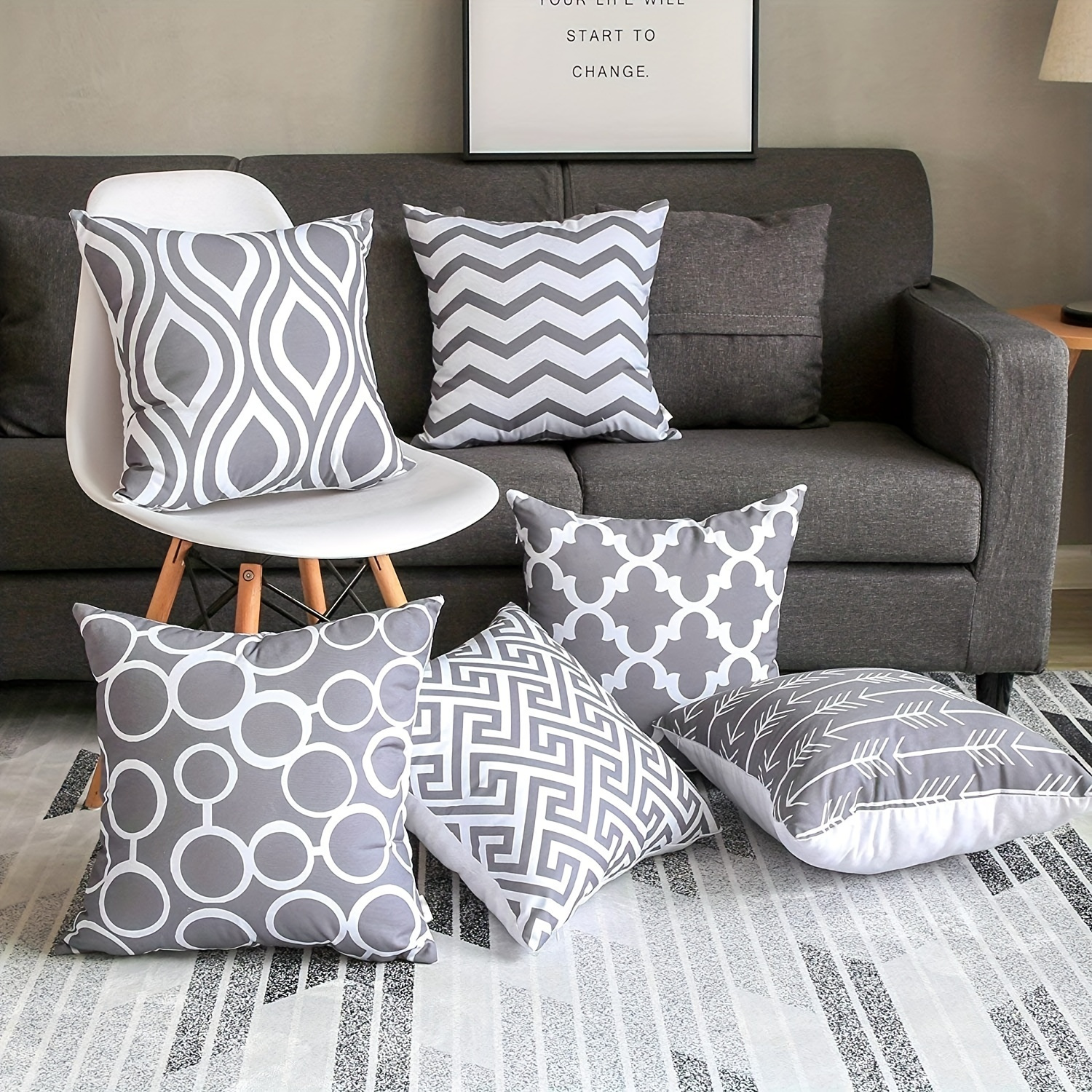 

6pcs Gray Striped Linen Holding Pillowcase, Indoor Sofa Cushion Case, Outdoor Decoration, Home Decor, Room Decor, Office Decor, Living Room Decor, Sofa Decor (no Pillow Core)