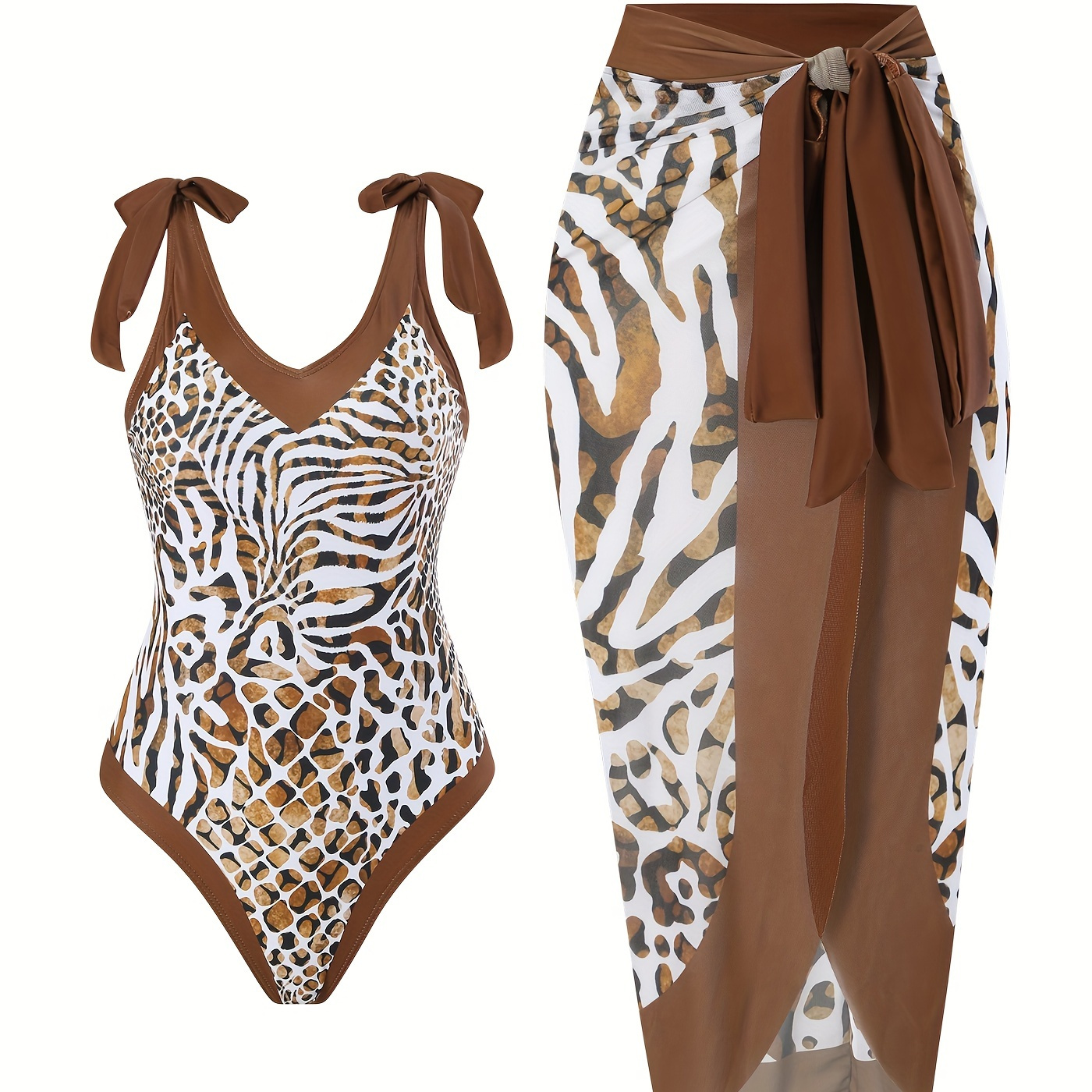 

Animal Print High Stretch 2 Piece Swimsuits, Tie Shoulder V Neck One-piece Bathing-suit & Cover Up Skirt, Women's Swimwear & Clothing For Holiday