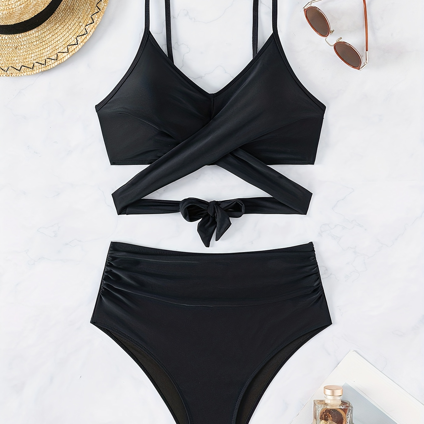 

Criss Cross Solid Black 2 Piece Set Bikini, Tie Back High Waist Ruched Tummy Control Swimsuits, Women's Swimwear & Clothing