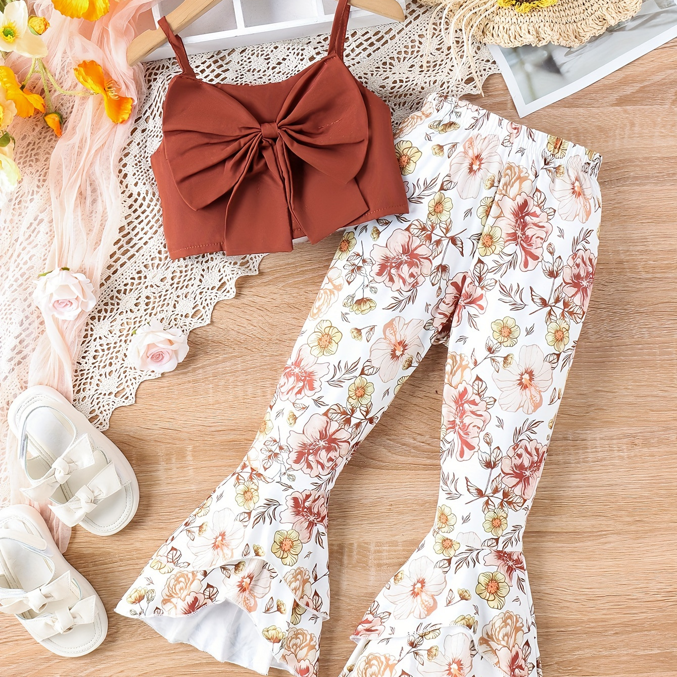 

Toddler Girls 2pcs Elegant Outfits Solid Bow Decor Cami Top + Flora Flare Pants Set Summer Party