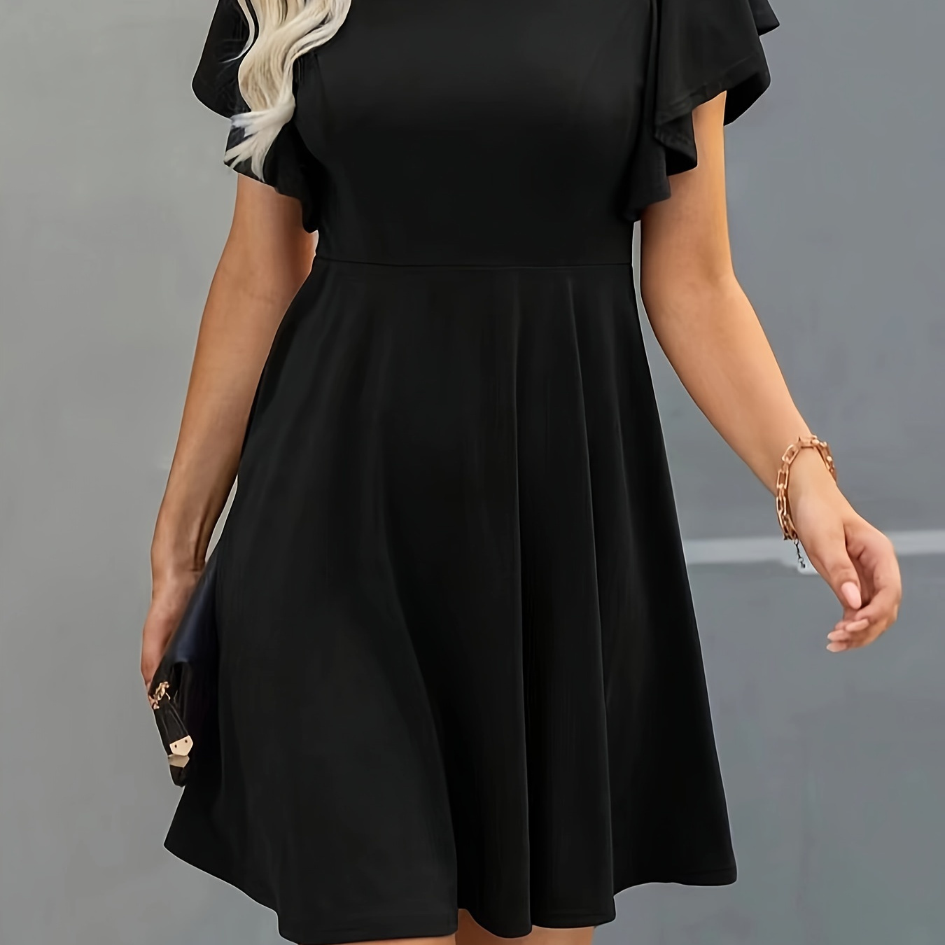 

Solid Color Flutter Sleeve Dress, Casual Crew Neck A-line Above Knee Dress, Women's Clothing