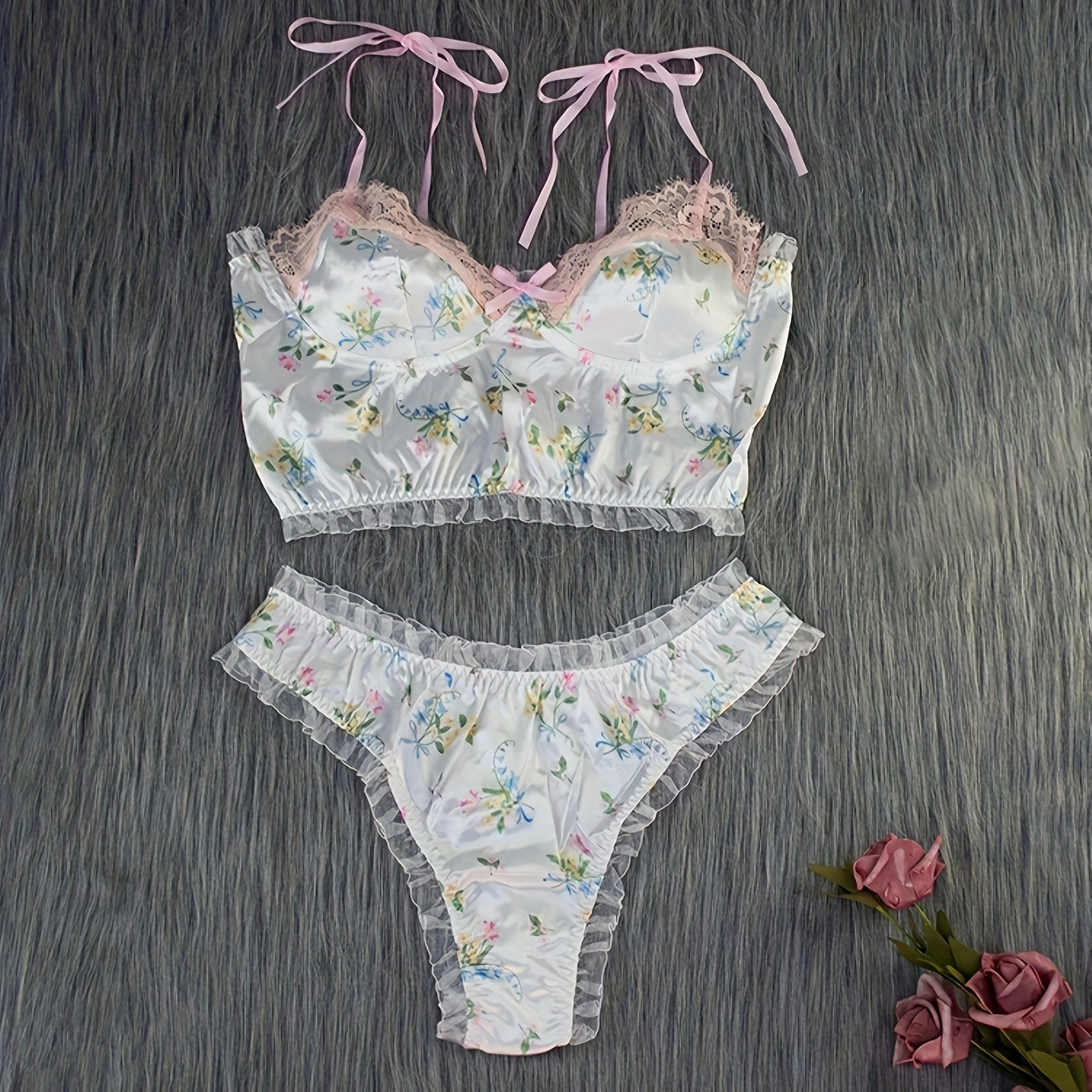 Romantic Floral Lace Trim Bra & Panty Set on Luulla
