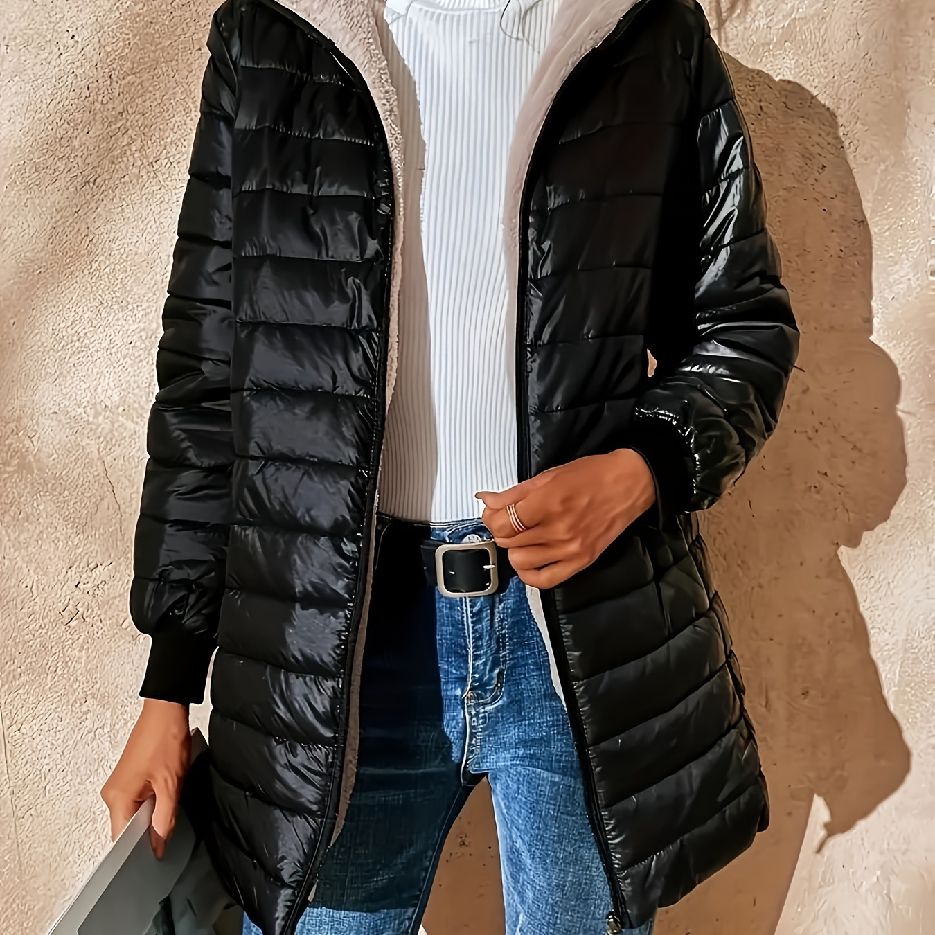 

Women's Casual Quilted Hooded Jacket, Long Sleeve Polyester 100% Midi Coat, Solid Color Outerwear, Lightweight 50g/m² Fabric, No Belt, Woven Style