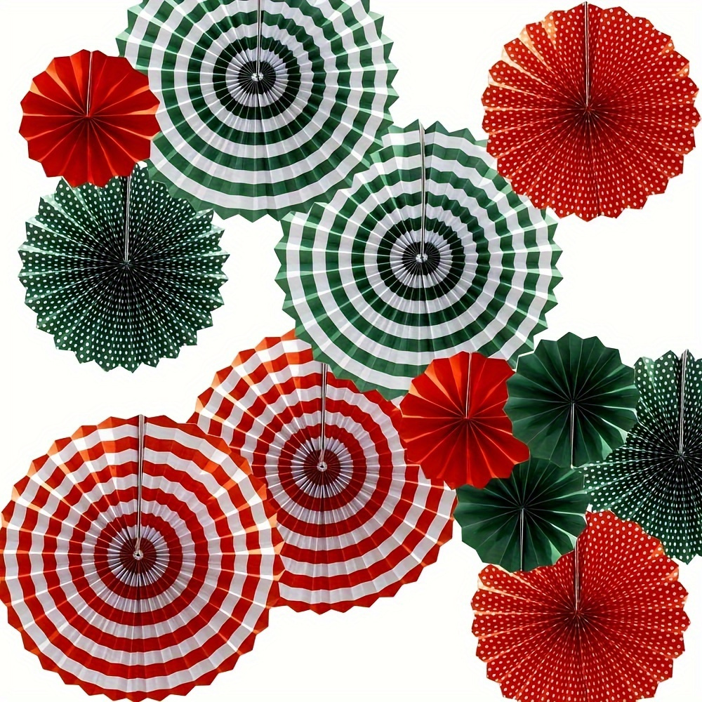 

12pcs Paper Fans Flower For Christmas Decoration, Christmas Tree, Santa Party Wedding Party Ceiling Hangings Photo Booth Backdrops Decorations