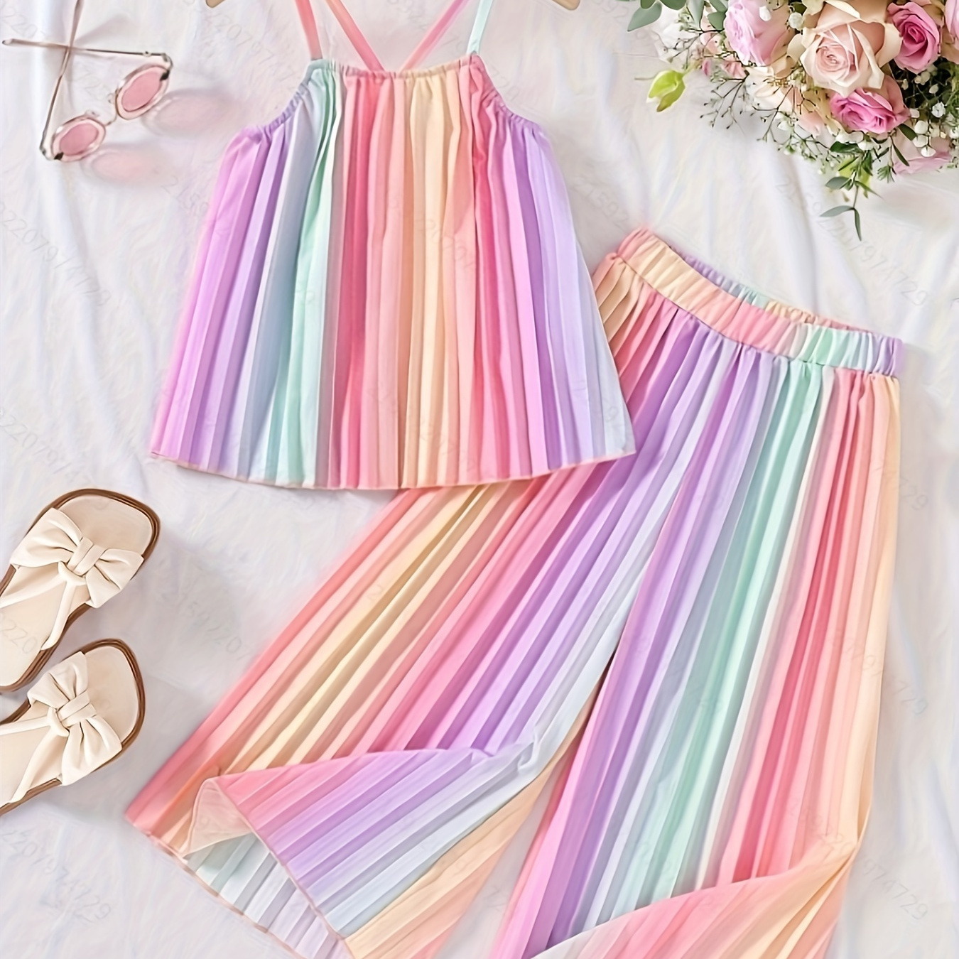 

2pcs, Colorful Striped Pleated Cami Top + Wide Leg Pants Set For Girls, Comfy And Trendy Summer Gift Holiday Set, Fluid Pants, Culotte
