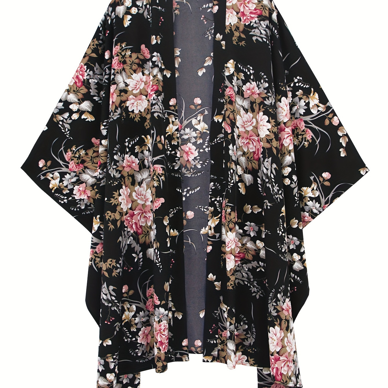 

Black Floral Print Loose Cover Up Cardigan, Open Front Kimono Sleeve Casual Cover Up, Women's Swimwear & Clothing