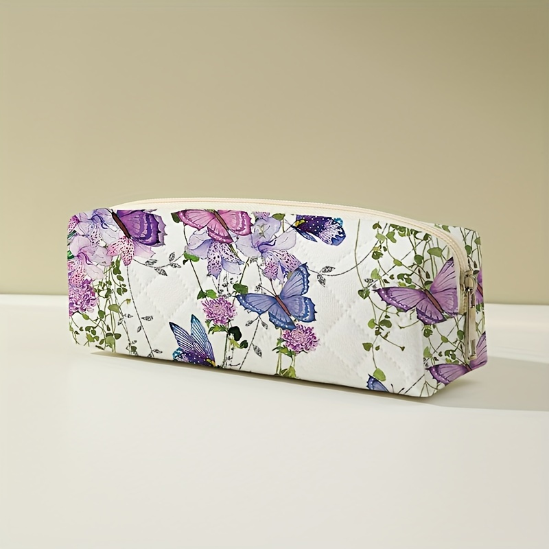 

Butterfly Print Diamond Quilted Pencil Case - Versatile Zippered Organizer For School Supplies, - Durable Polyester