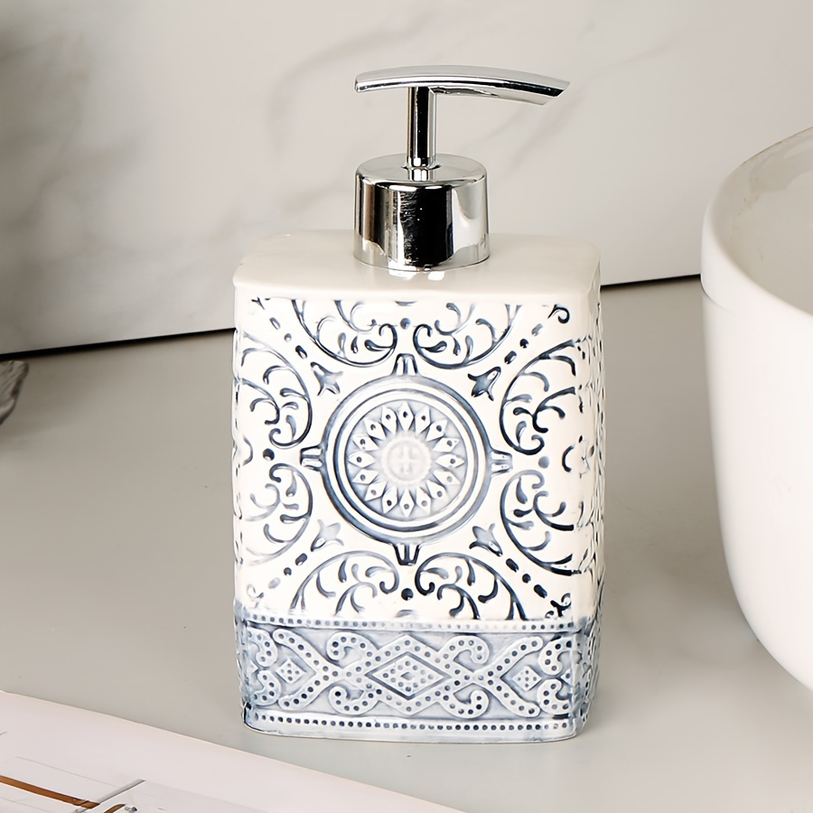 

Ceramic Soap Dispenser Manual Soap Dispenser Pump Bottle Suitable For Bathrooms And Kitchens, Reusable Empty Liquid Soap Container Bohemian Style Embossed Hand Sanitizer Bottle