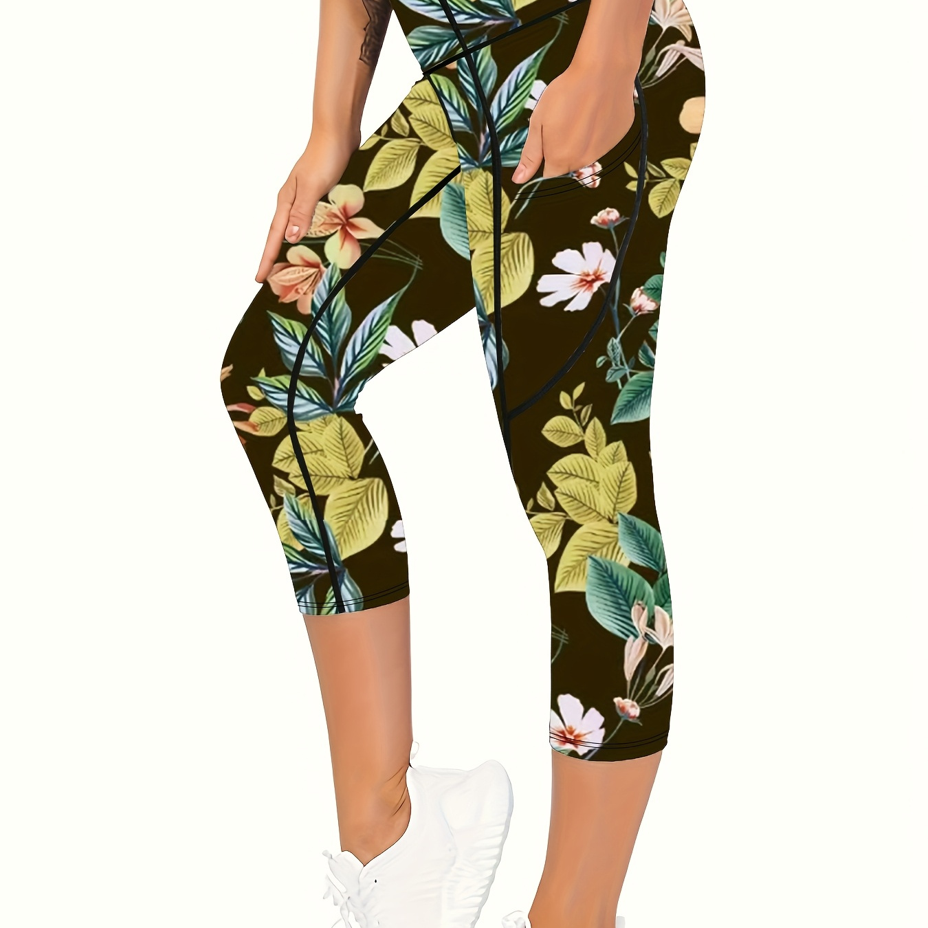 

Women's High Waist Capri Yoga Pants, Floral Print, 90% Polyester 10% Elastane, Pocketed, Tummy Control, Butt Lifting, Knit Fabric, 230g/m², Sports Style