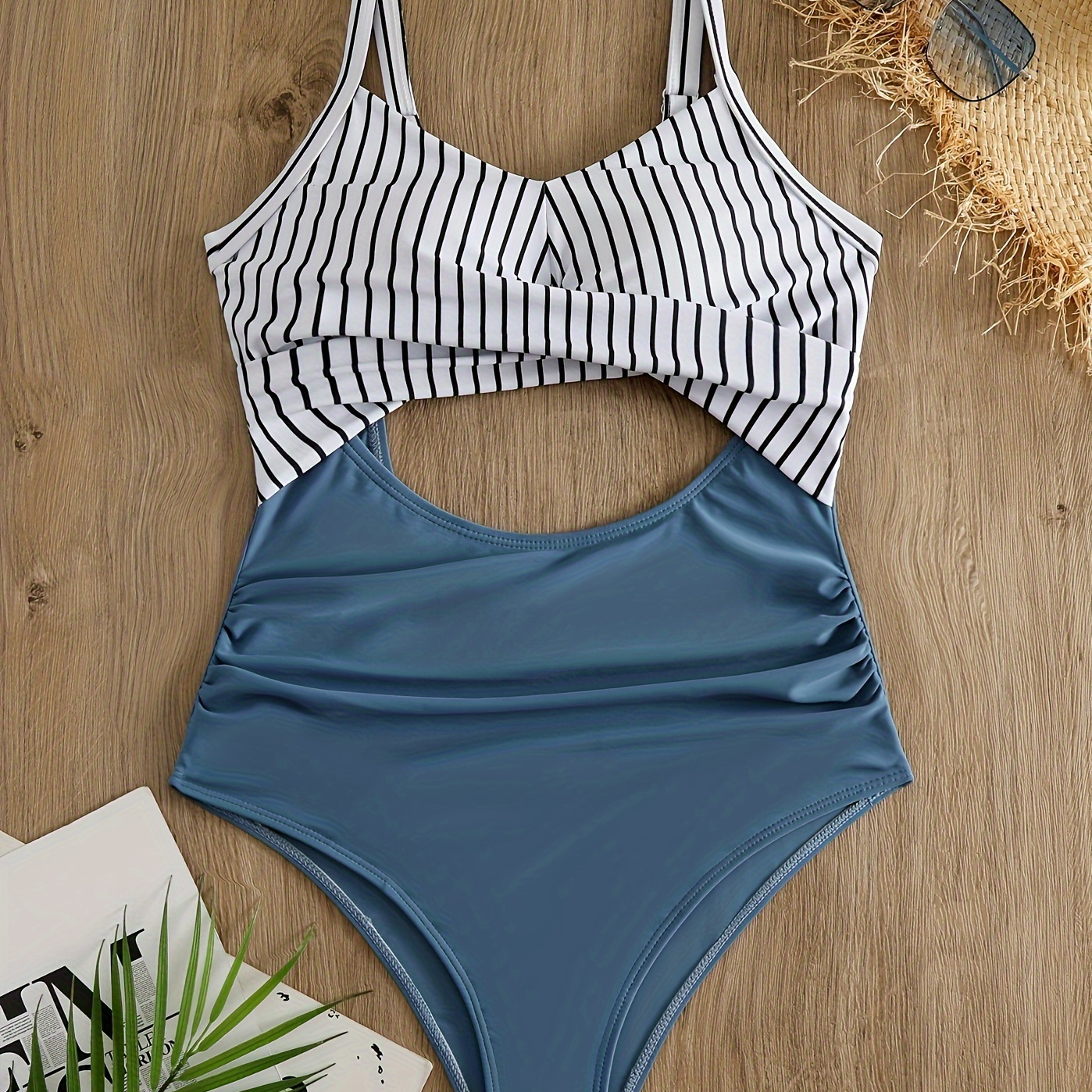 

Striped Print Cut Out Ruched One-piece Swimsuit, Twist V Neck Tummy Control Bathing Suits, Women's Swimwear & Clothing
