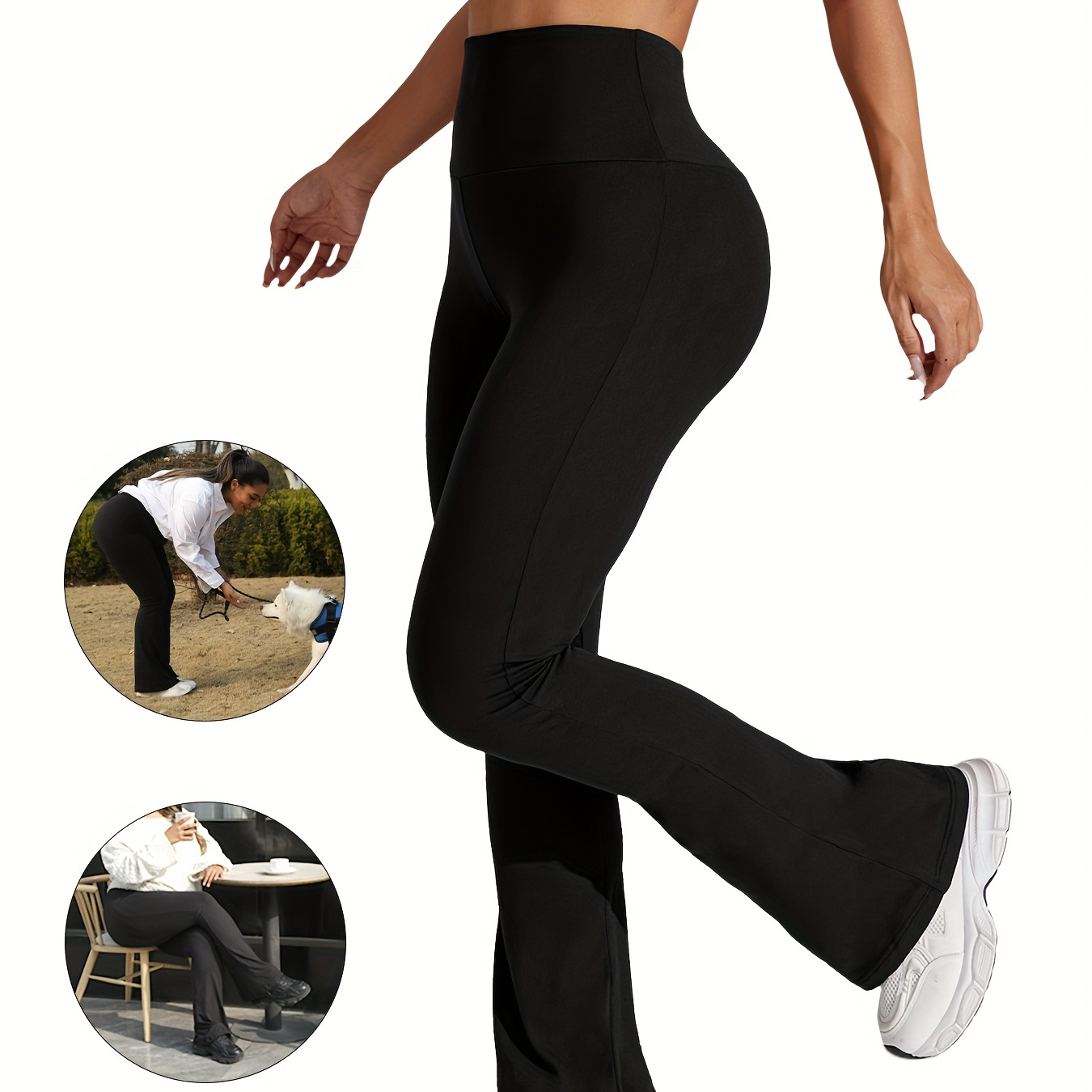 

Plus Size Sports Pants, Women's Plus Solid Wide Waistband Flared Leg High Trousers