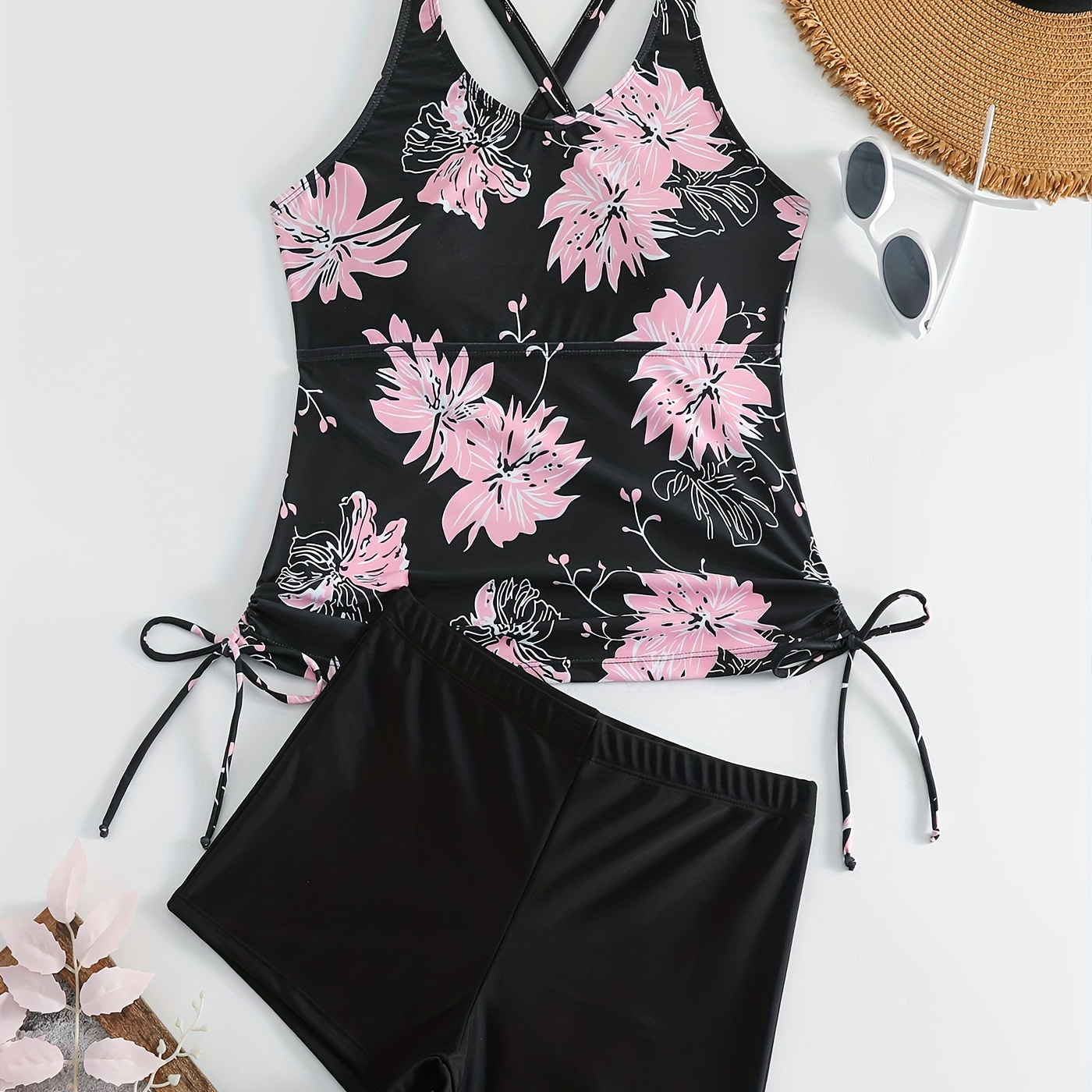 

Floral Print Drawstring Criss Cross 2 Piece Set Tankini, High Stretch Scoop Neck Slimming Swimsuits, Women's Swimwear & Clothing