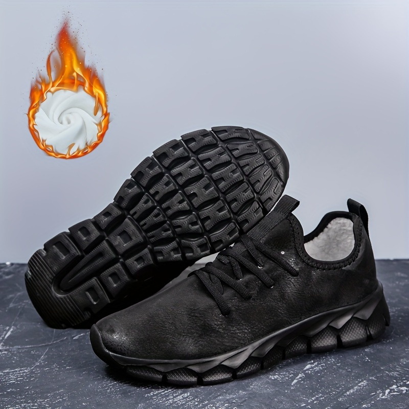 PLUS SIZE Men's Solid Work Shoes With Warm Plush Lining, Comfy Non Slip Lace Up Casual Shoes, Winter & Autumn