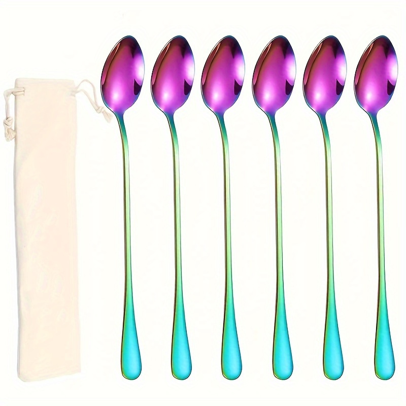 

6pcs/set Stainless Steel Long Handle Iced Tea Spoons, Mixing Stirring , Ice Cream Spoons, Mirror-polished, Dishwasher Safe, With Storage Bag, Suitable For Cafe Restaurant