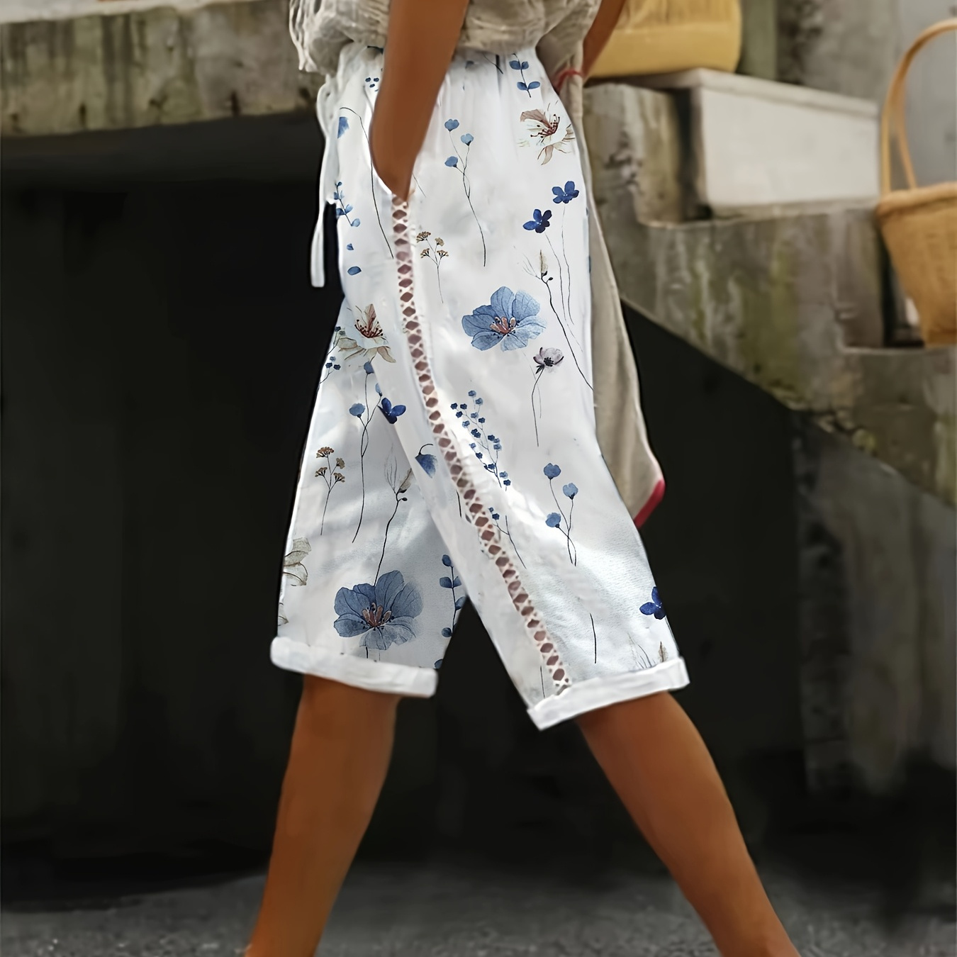 

Shorts à Imprimé Floral avec Dentelle, Shorts Décontractés à Taille Élastique pour & l'Été, Vêtements pour Femmes