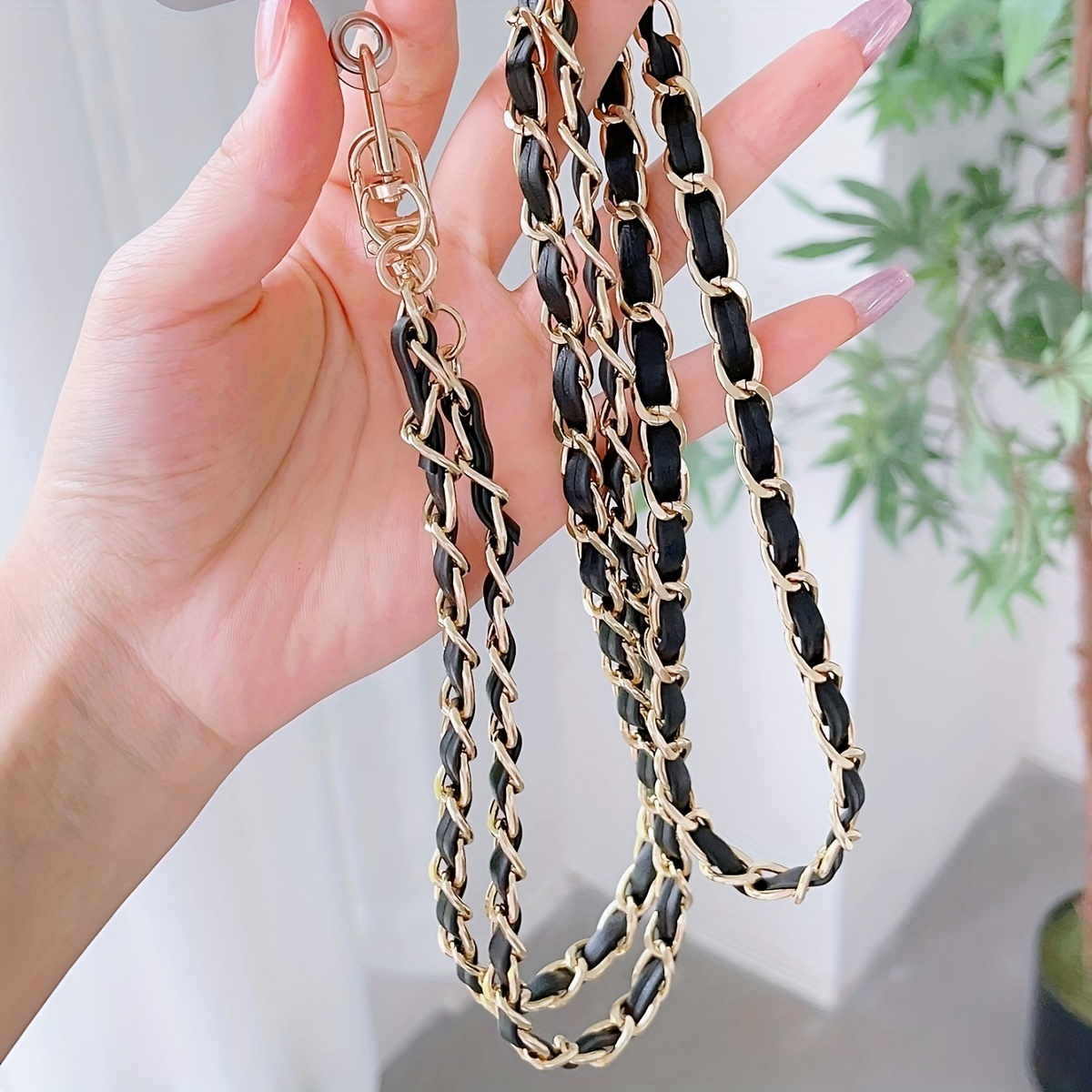 

1pcs Spiral Double Leather Strap Gold-tone Aluminum Alloy Chain, 1.15m Long Universal Phone Case Lanyard Accessory