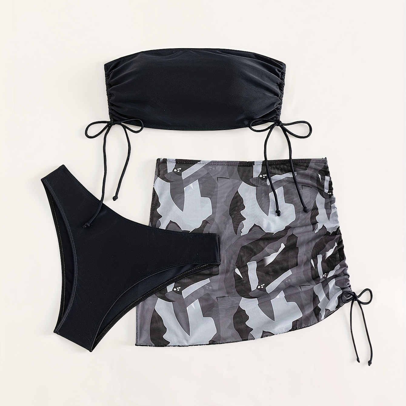 

3-pieces Bandeau Bikini Sets, Strapless Tube Top Tie Side High Cut With Camo Cover Up Wraps Swimsuit, Women's Swimwear & Clothing