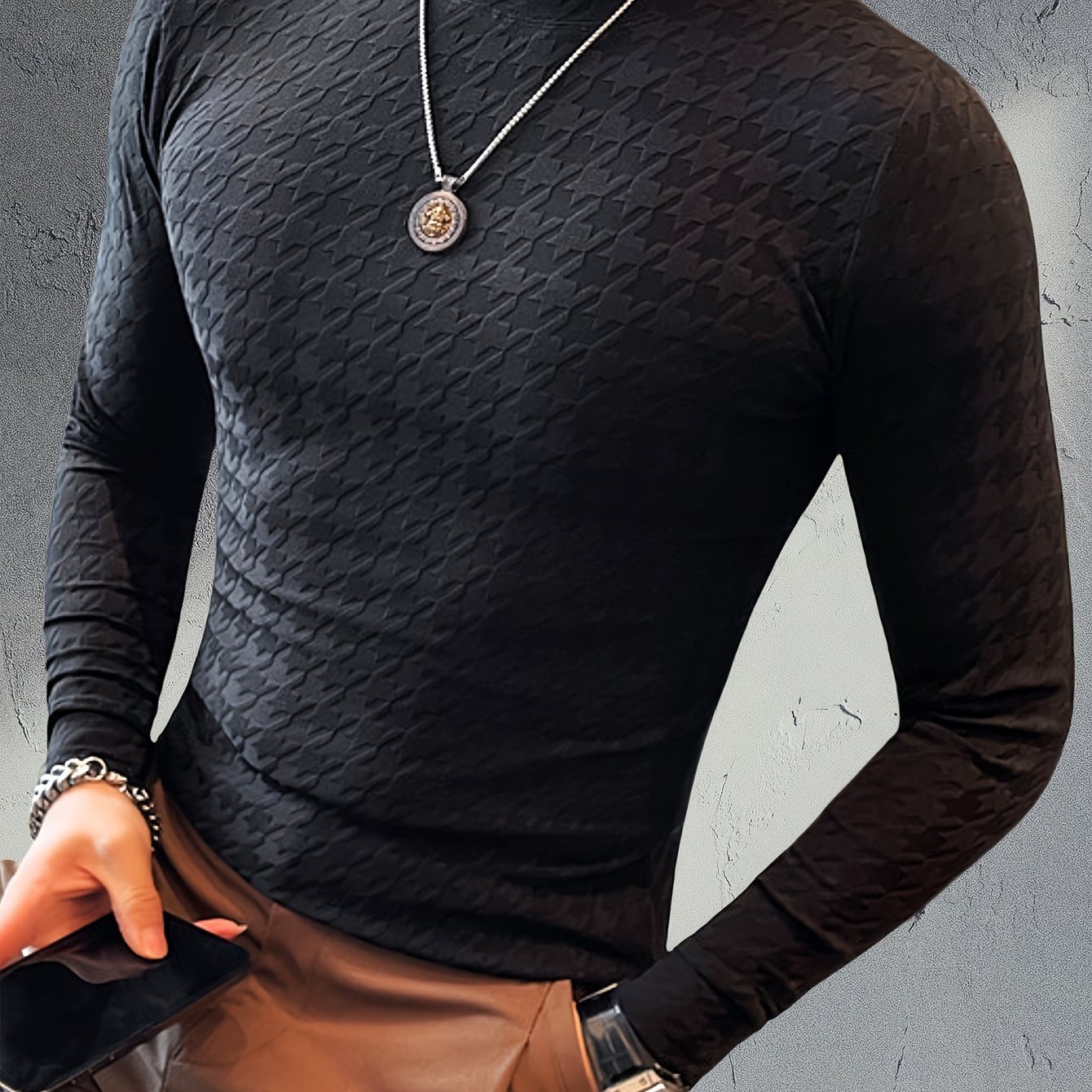 

Men's Jacquard Pattern T-shirt, Casual Long Sleeve Medium Stretch Slim-fit Tee, Men's Clothing For Winter Fall Outdoor