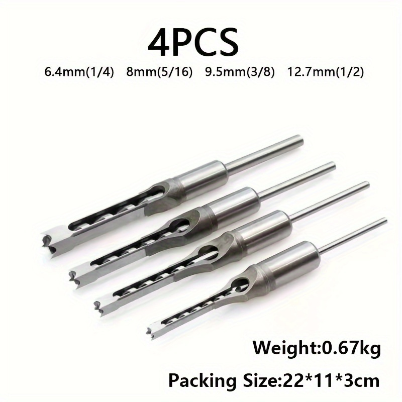 

4pcs Mortise & Tenon Chisel Bit Set - 6.4mm, 8mm, 9.5mm, 12.7mm Square Hole Drill Bits For Woodworking And Home Improvement