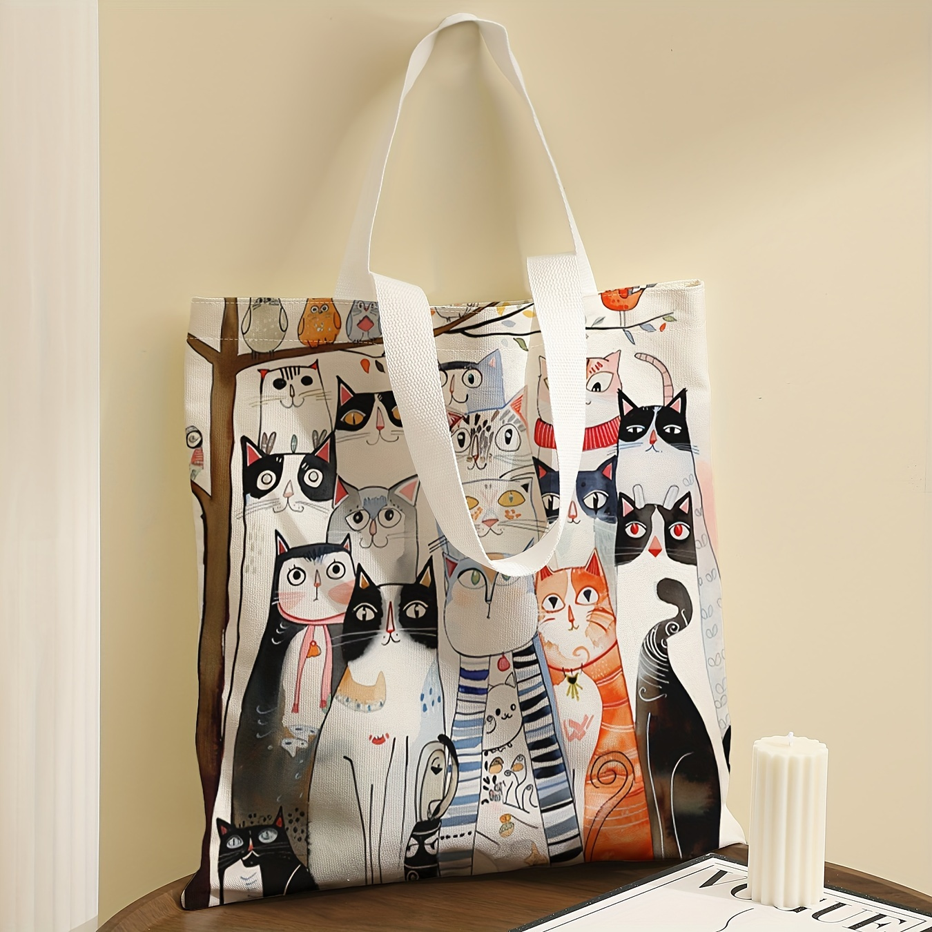 

Cartoon Colored Cat Pattern Printed Casual Tote Bag, Reusable Fashionable Backpack, Multifunctional Handbag, Letter Printed Canvas Shopping Bag