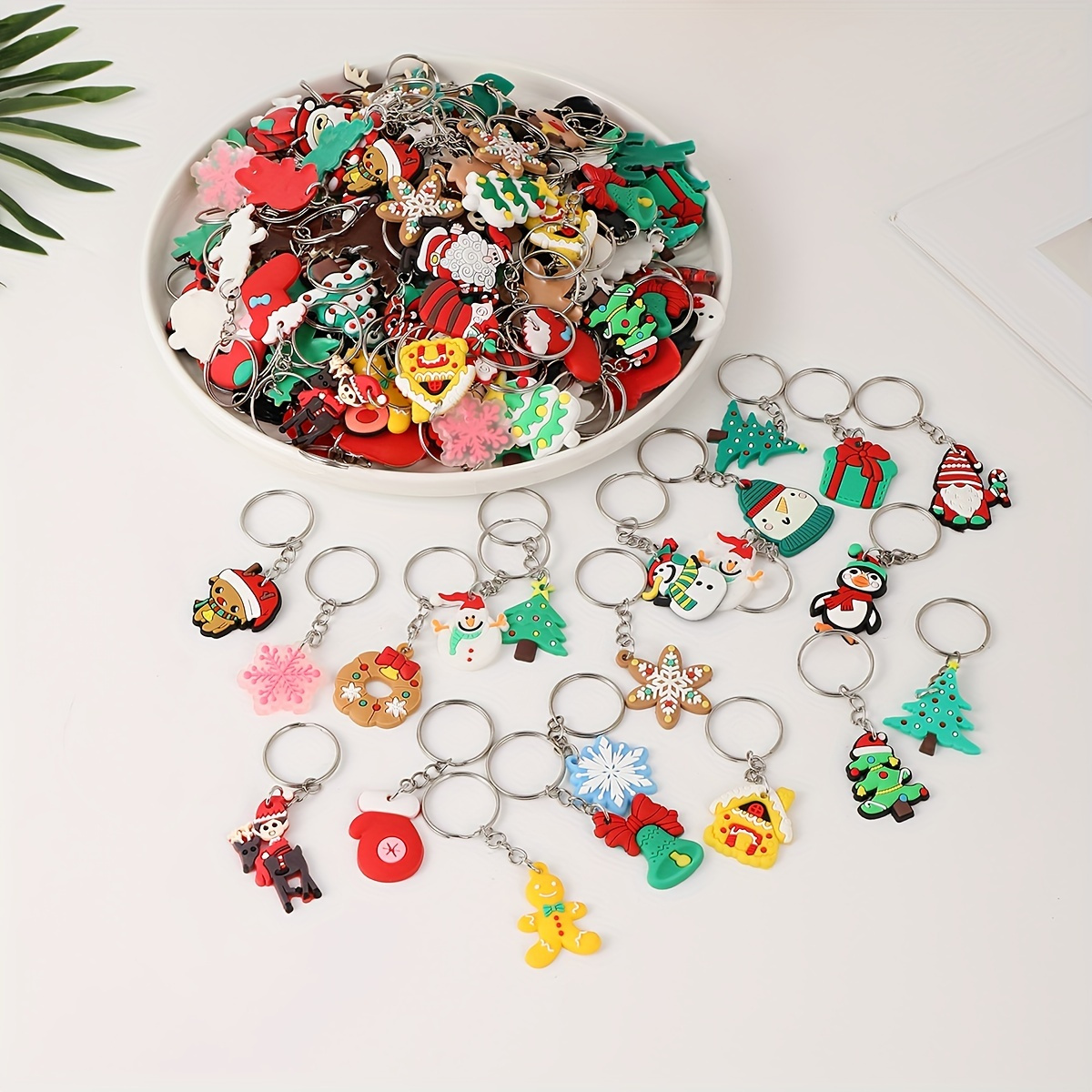 

100 Piece Pvc Cartoon & Anime Christmas Keychain Set - Assorted Festive Charms, Ring Buckle Key Chains For Decoration, Mixed Style Holiday Keyring Pack For Ladies' Bags & Accessories