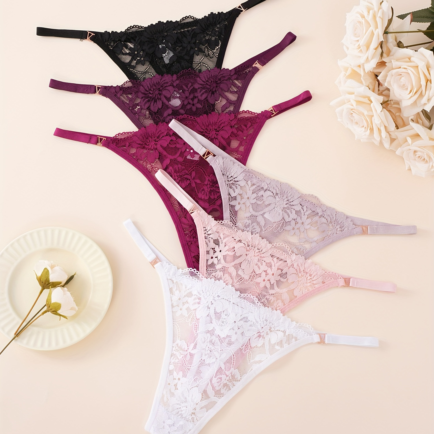 

6pcs Solid Seamless Floral Lace Semi Sheer Thongs, Sexy Comfy Breathable Stretchy Intimates Panties, Women's Lingerie & Underwear