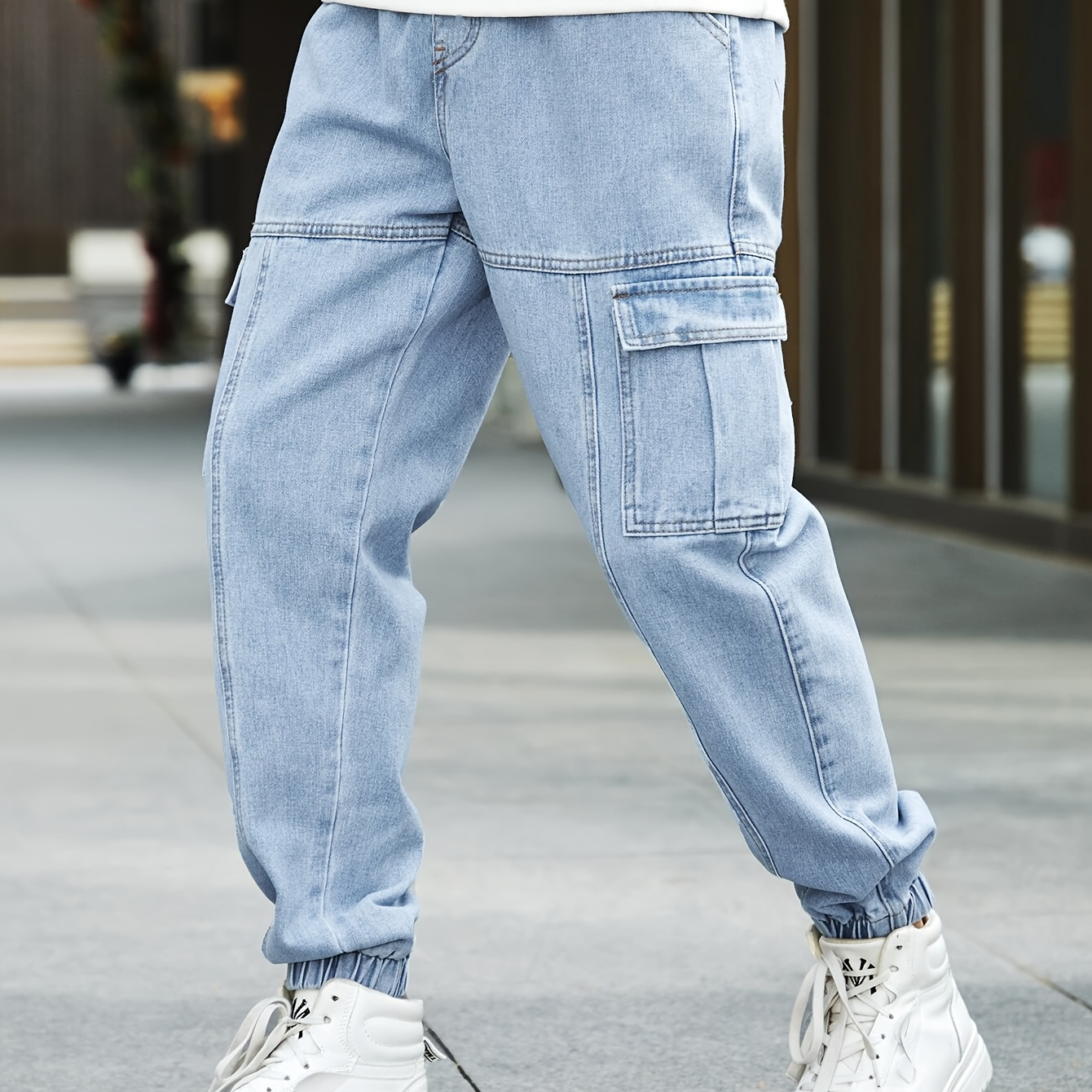 

Pantalon cargo en denim ample pour garçon - Jean décontracté multipoches - Cadeau tendance pour l'extérieur