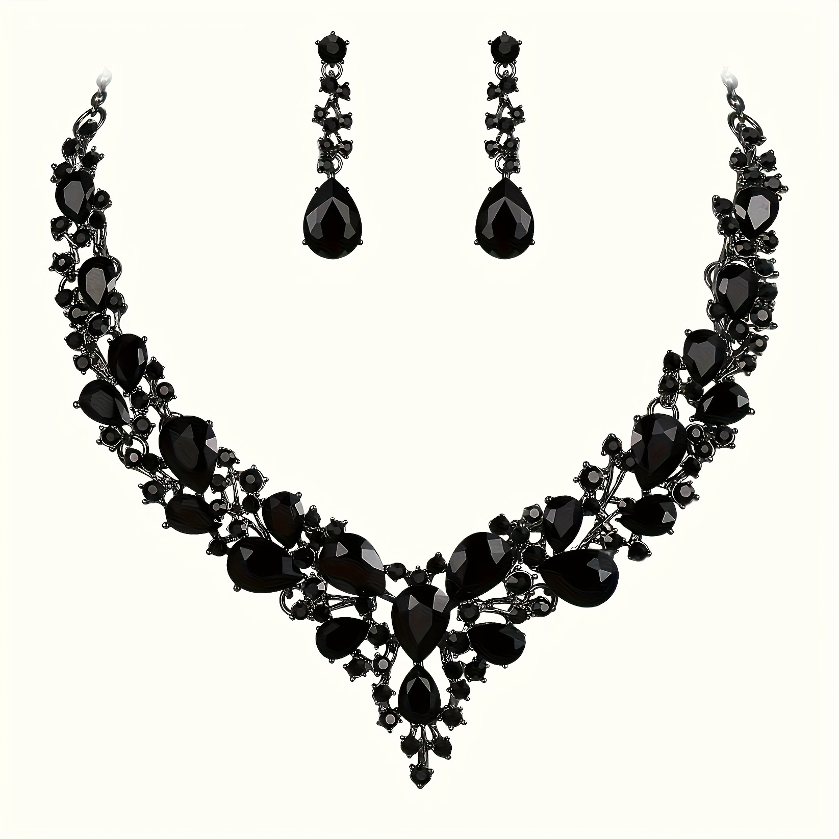 

Luxurious 3pcs Black Glass Rhinestone Bridal Jewelry Set, Party Style Statement Necklace And Earrings Set For Special Occasions Gifts For Eid