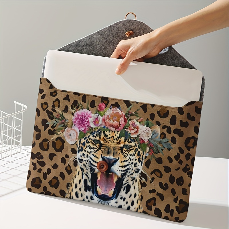 

Floral Leopard Print Polyester Briefcase For Laptops, Unisex Basic Style For College & Office, Daily Commute Compatible, Leopard Print, Button Closure, Unlined Lightweight Computer Sleeve