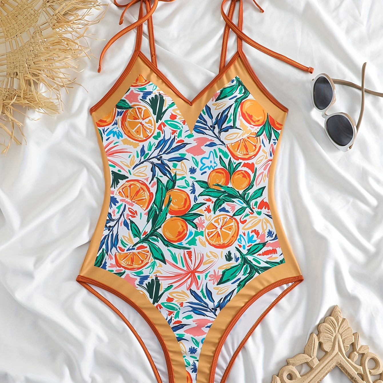 Fruit Print Tie Shoulder One-piece Swimsuit, Contrast Trim V Neck Stretchy  Cute Bathing Suits, Women's Swimwear & Clothing