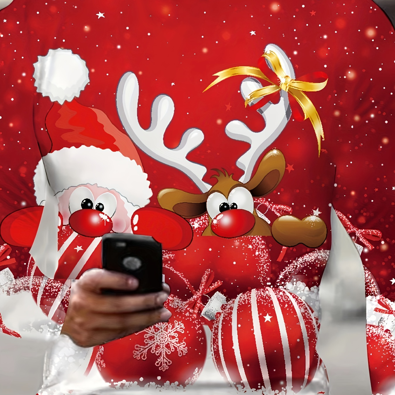 

Funny Christmas Cartoon Elk And Santa 3d Print Men's Stylish Long Sleeve Round Neck T-shirt, Spring Fall