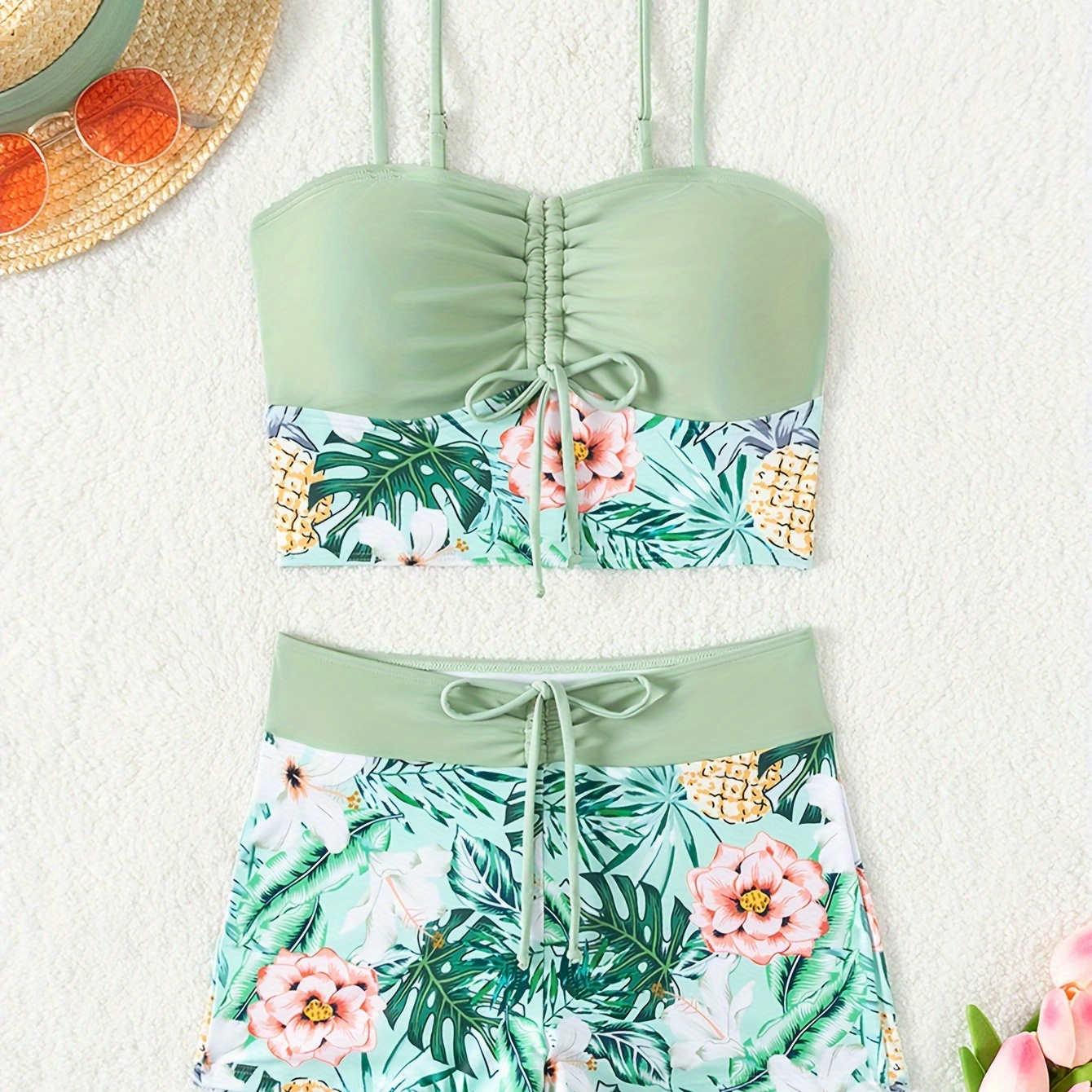 

Floral Print 2 Piece Set Tankini, Drawstring Tie Front High Waist Boxer Short Bottom Swimsuits, Women's Swimwear & Clothing