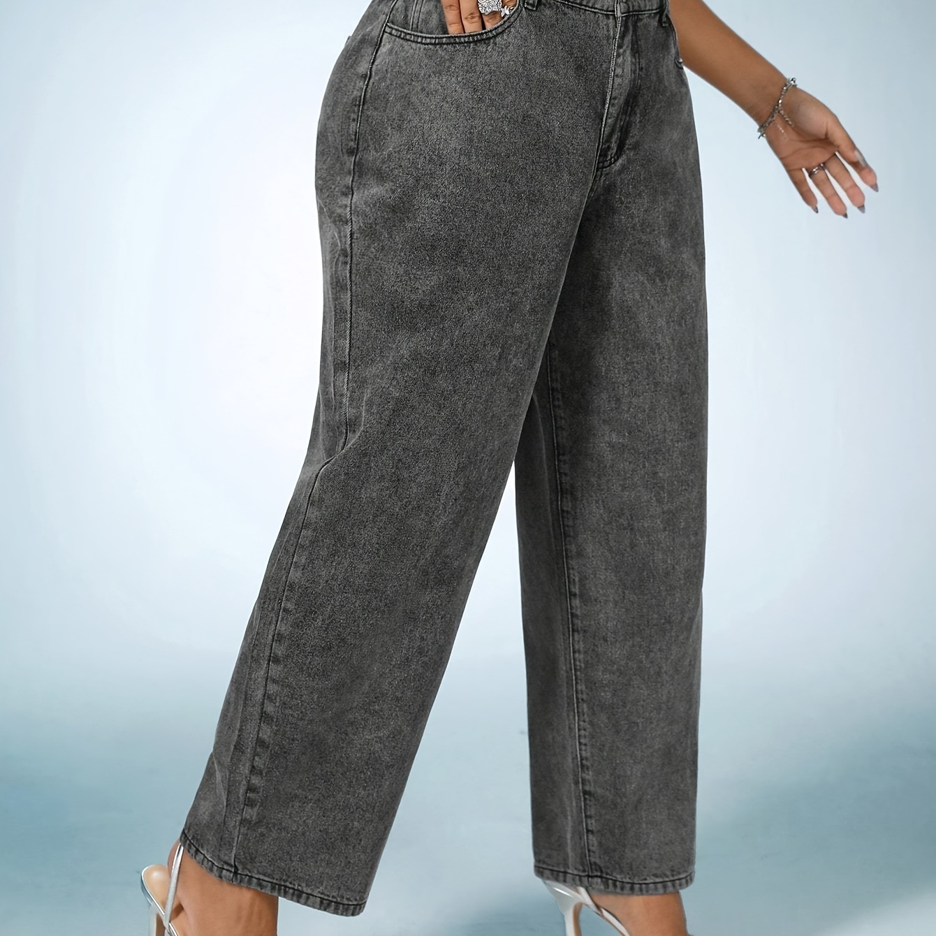 

Women's Plus Zie Elegant Wide Leg Denim Jeans, Plain Spring Autumn Loose Straight Fit Pants Casual Fashion Style