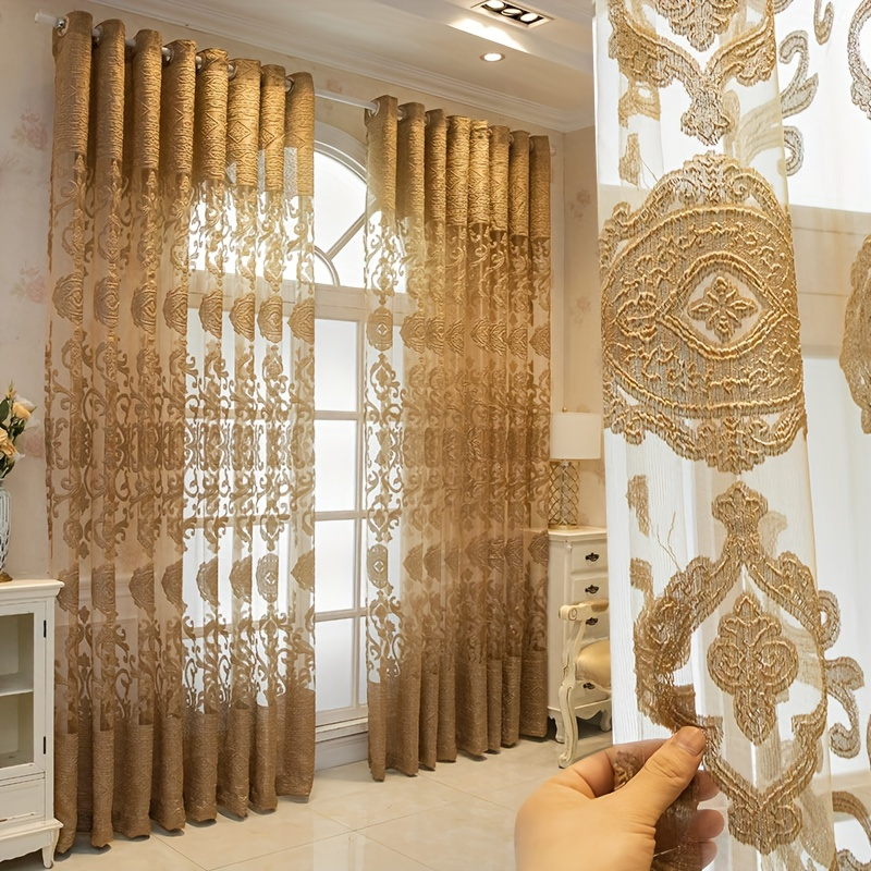 

2pcs European-style Golden Jacquard Curtains, Grommet Top Curtain Living Room Bedroom Study Dining Room Balcony Office And Other Home Decoration, Room Decoration