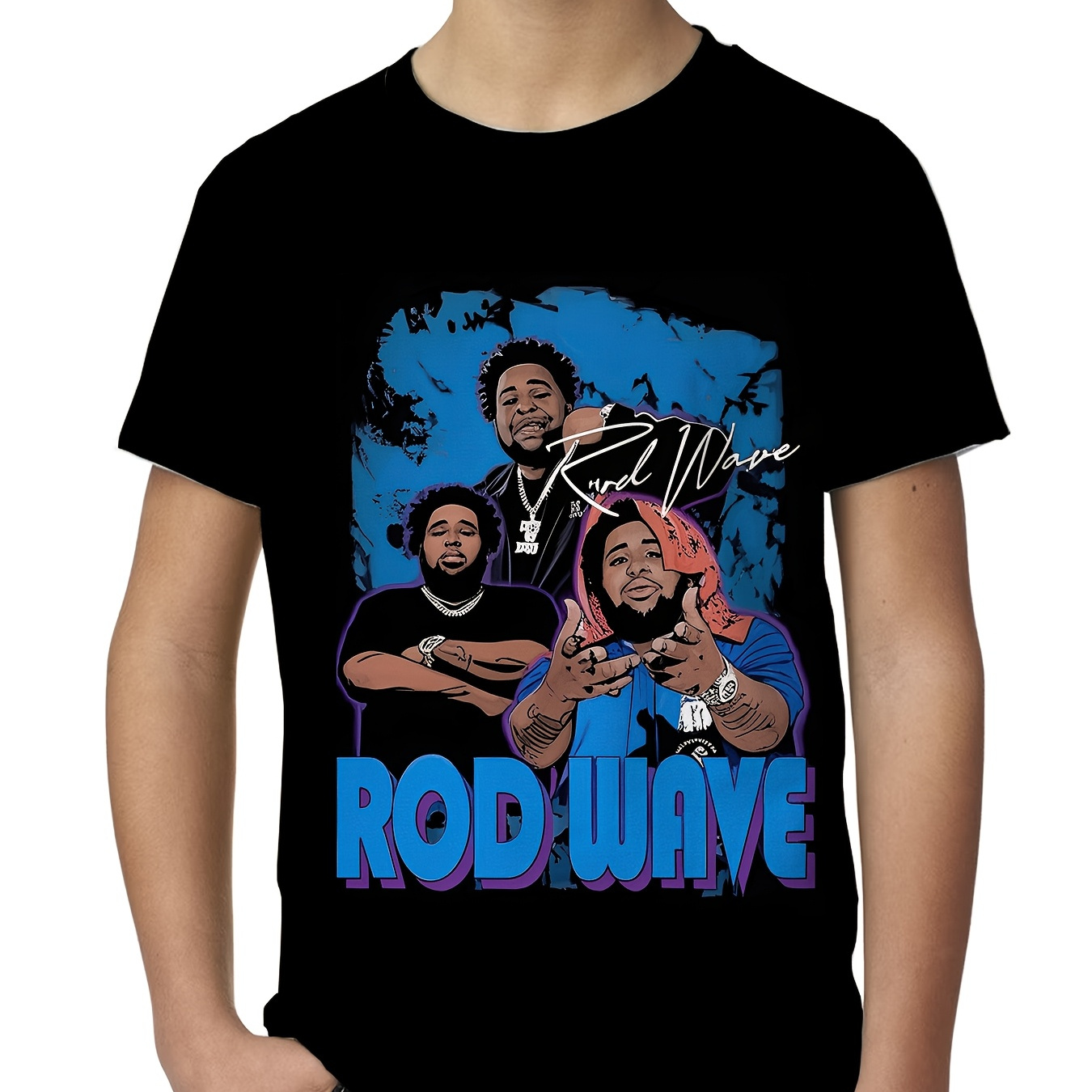 Rod Wave Graphic Tee for Kids, Fashion Polyester Blend Casual T-Shirt with Slight Stretch, Crew Neck, Summer Knit Fabric Top for Boys, Regular Fit - 95% Polyester 5% Spandex